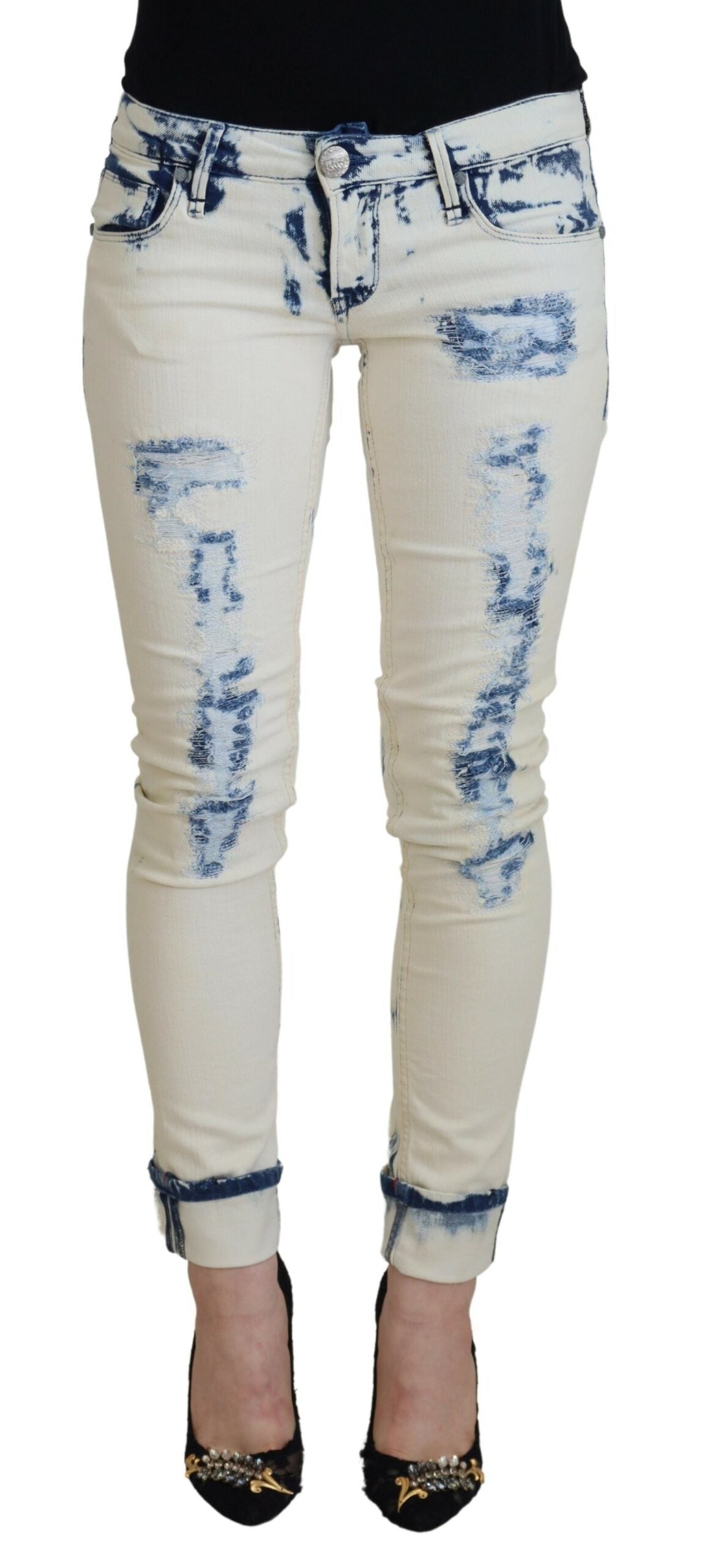 Acht White Blue Cotton Skinny Women Tattered Denim Women's Jeans