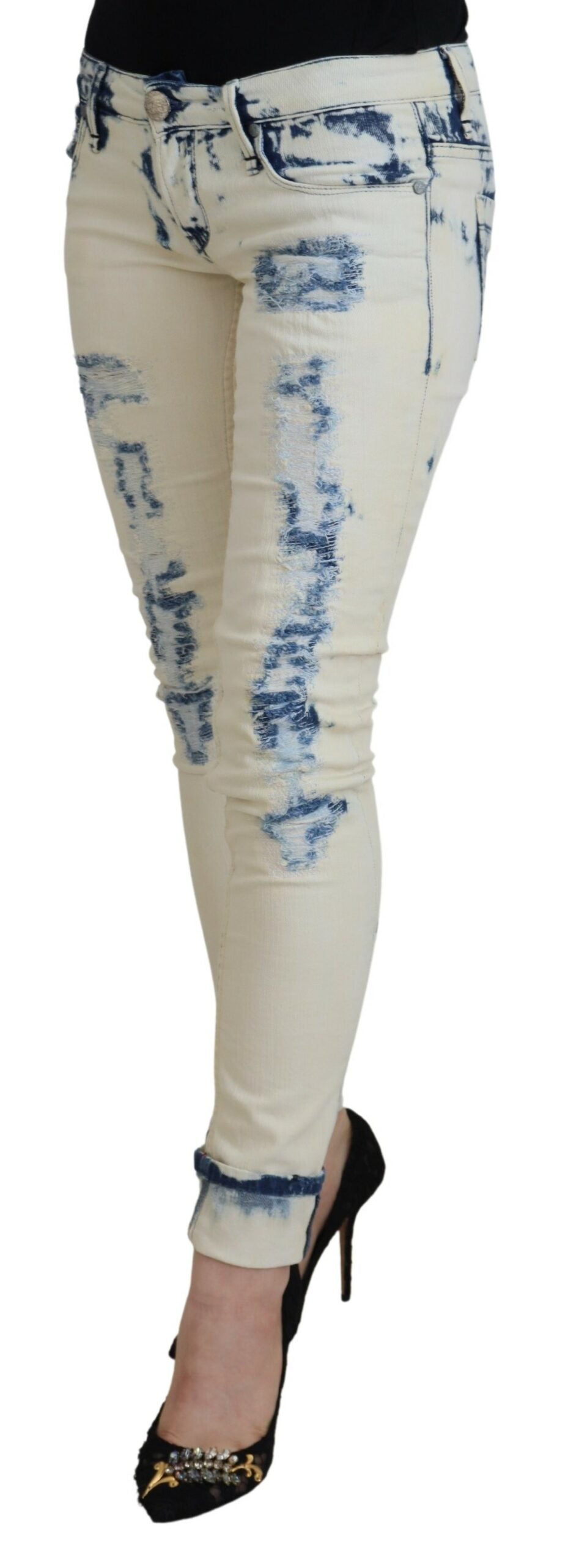 Acht White Blue Cotton Skinny Women Tattered Denim Women's Jeans