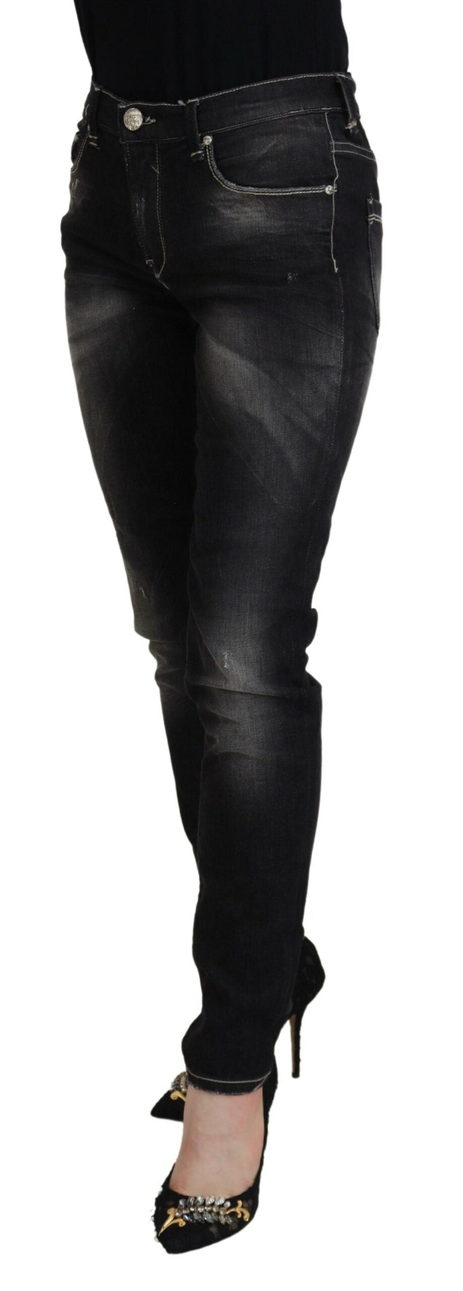 Acht Black Washed Mid Waist Tapered Women Casual Denim Women's Jeans