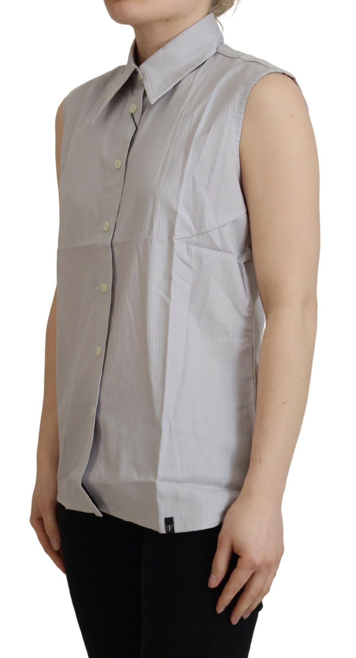 Ferre Light Gray Stripes Cotton Sleeveless Collared Women's Top