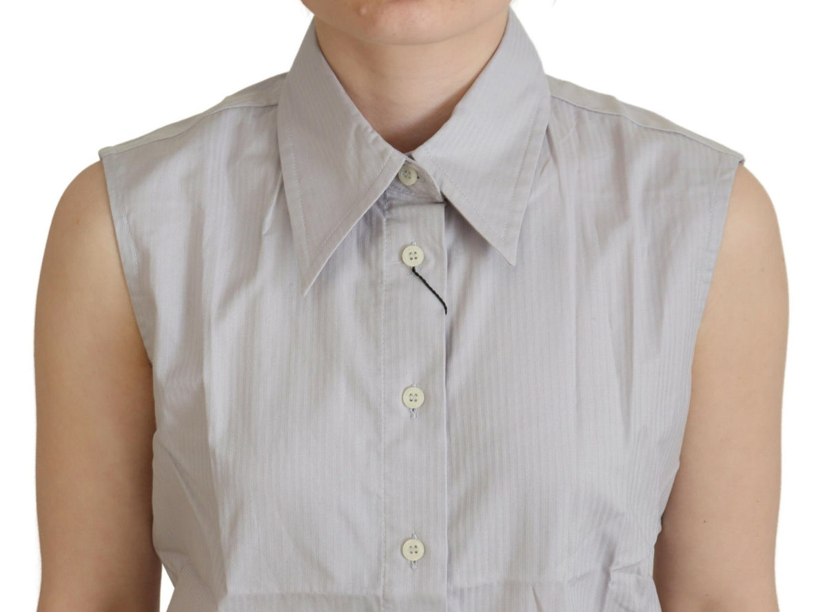 Ferre Light Gray Stripes Cotton Sleeveless Collared Women's Top