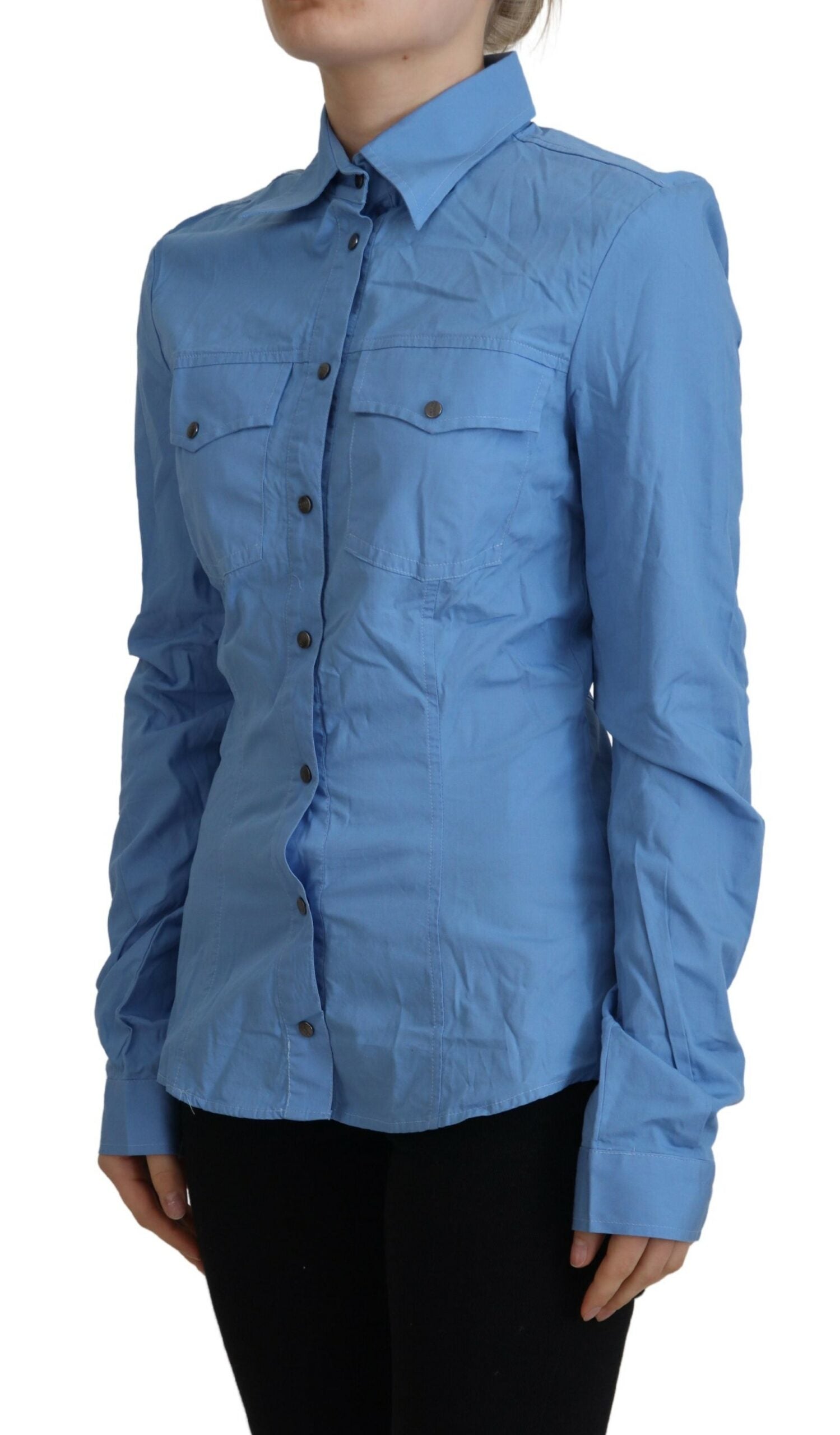 Ferre Blue Cotton Long Sleeves Collared Button Down Women's Top