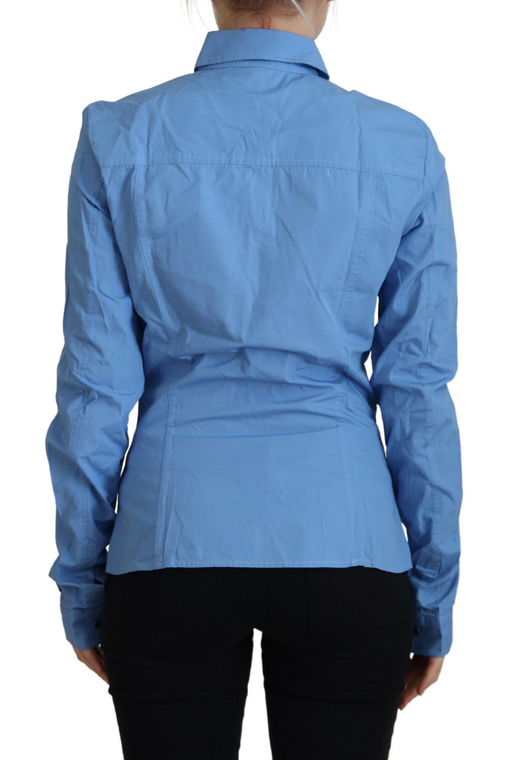 Ferre Blue Cotton Long Sleeves Collared Button Down Women's Top