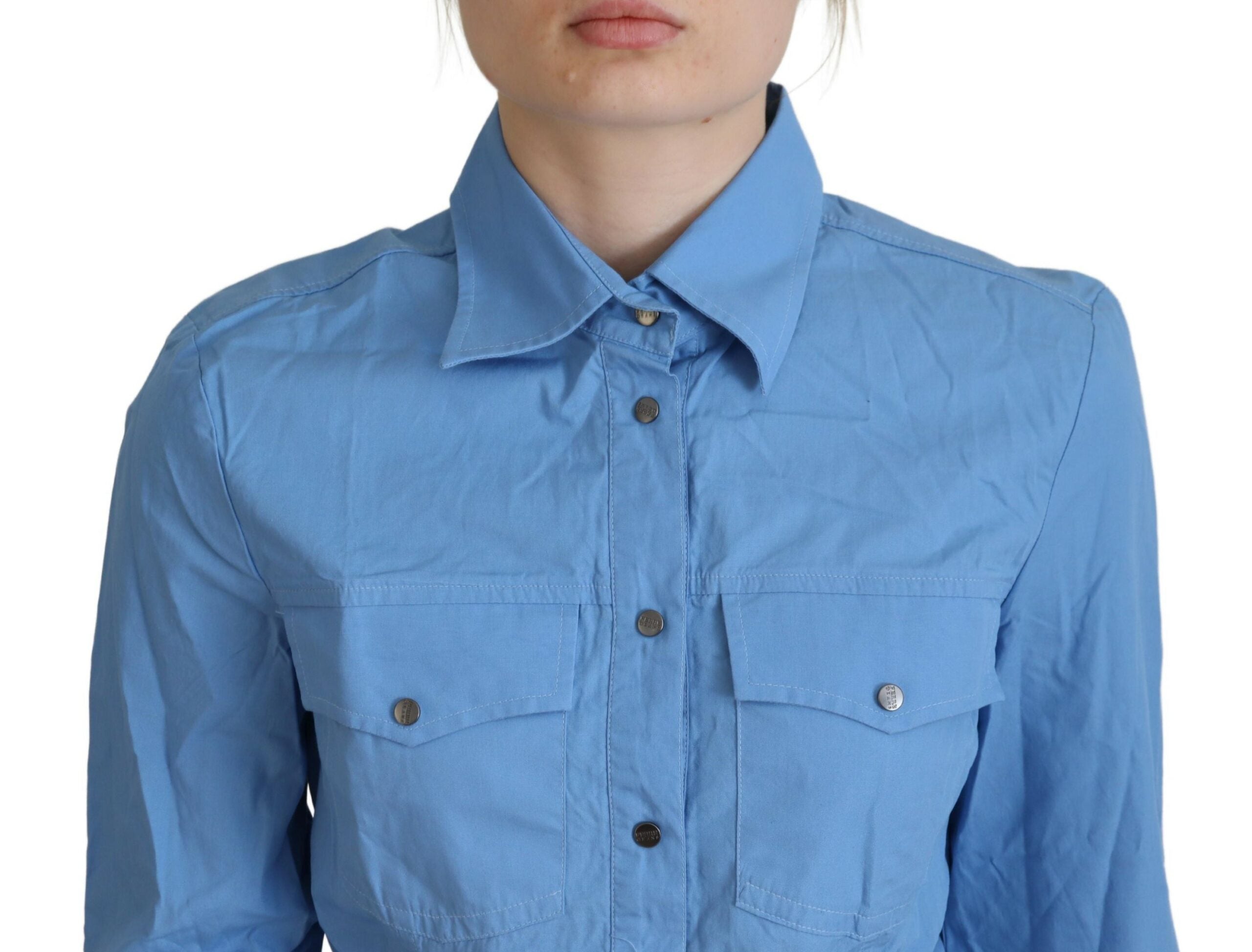Ferre Blue Cotton Long Sleeves Collared Button Down Women's Top