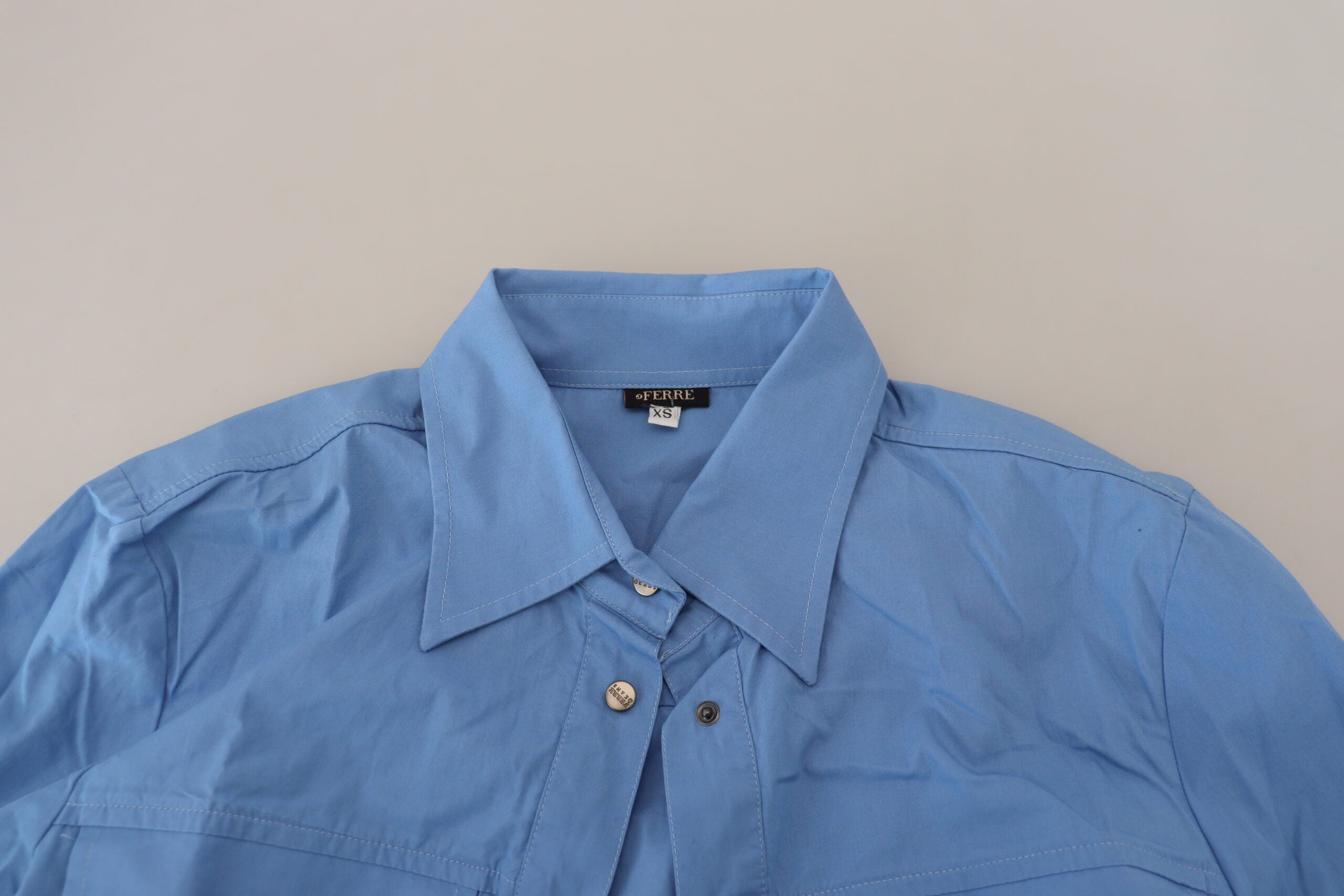 Ferre Blue Cotton Long Sleeves Collared Button Down Women's Top