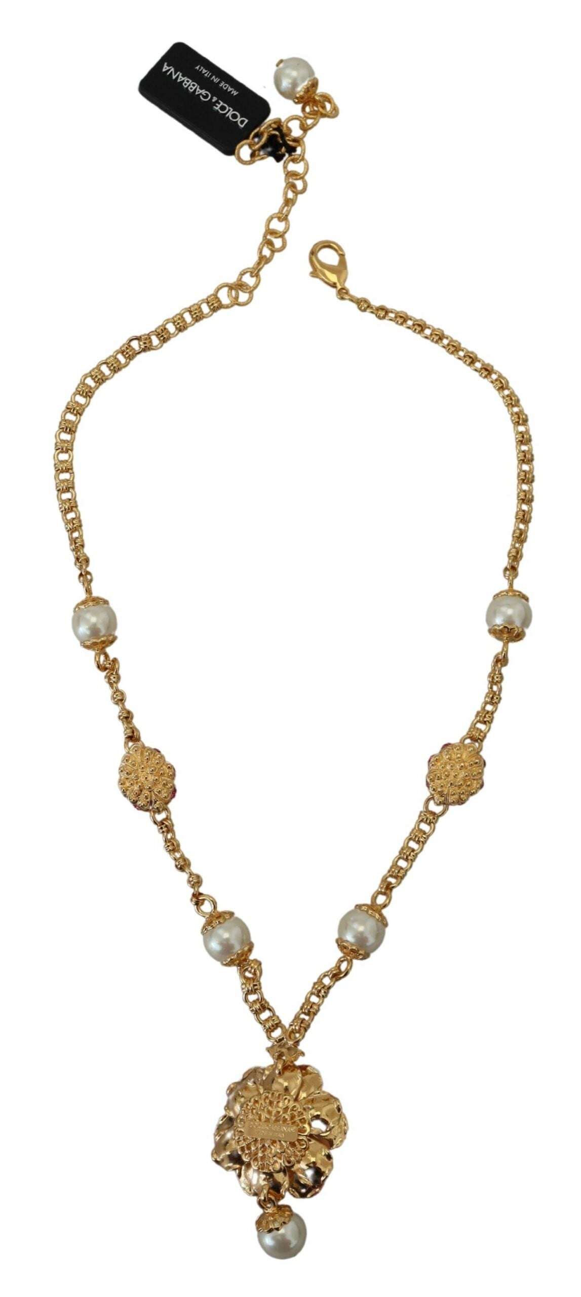 Dolce & Gabbana Gold Tone Floral Crystals Pink Embellished Women's Necklace