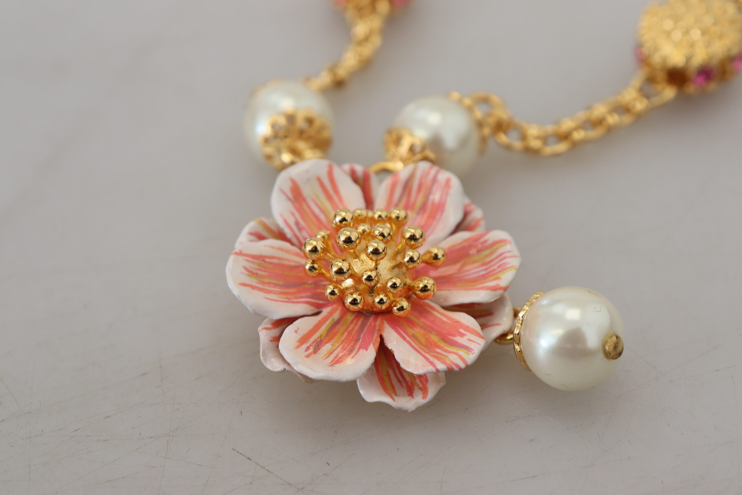 Dolce & Gabbana Gold Tone Floral Crystals Pink Embellished Women's Necklace