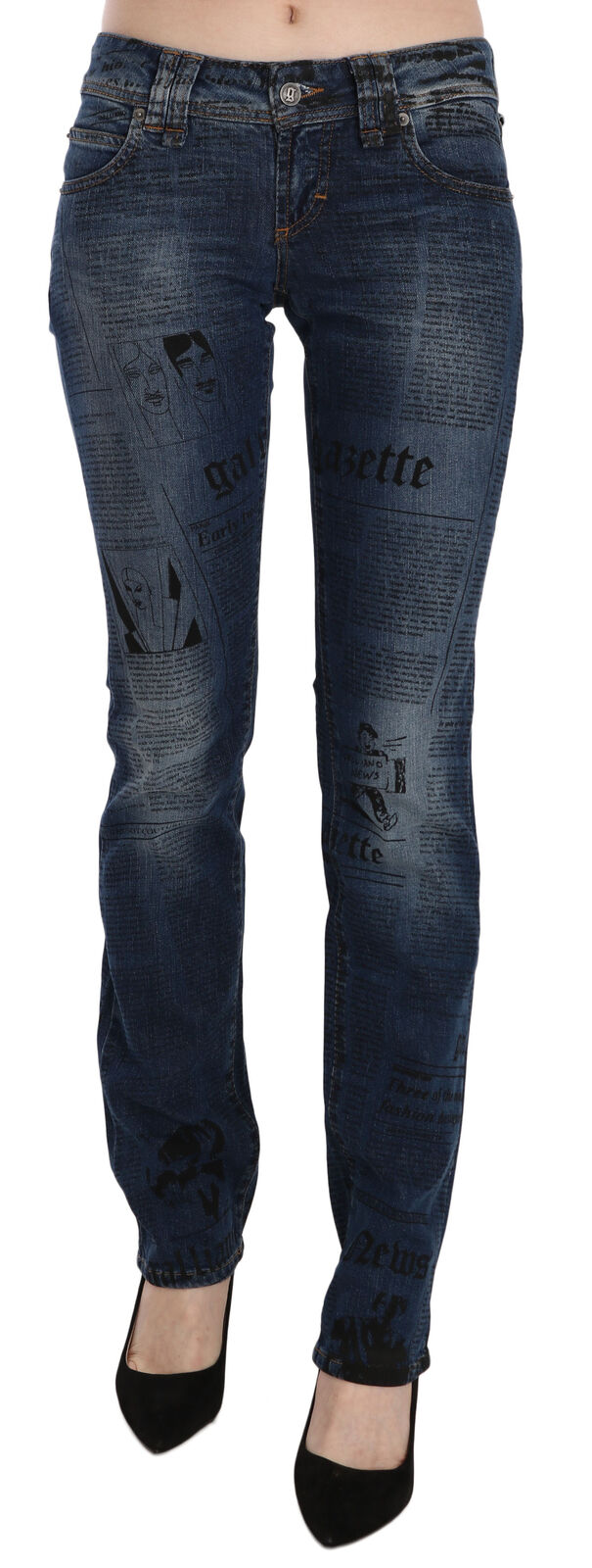 John Galliano Blue Newspaper Print Low Waist Skinny Denim Women's Pants