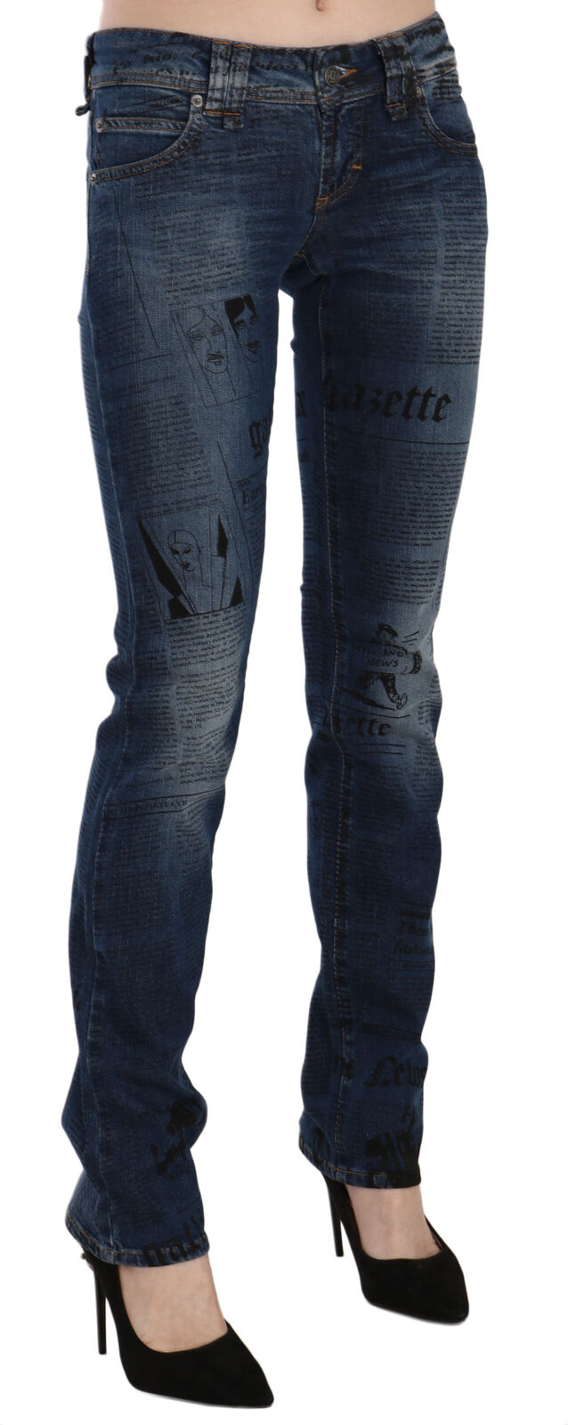 John Galliano Blue Newspaper Print Low Waist Skinny Denim Women's Pants