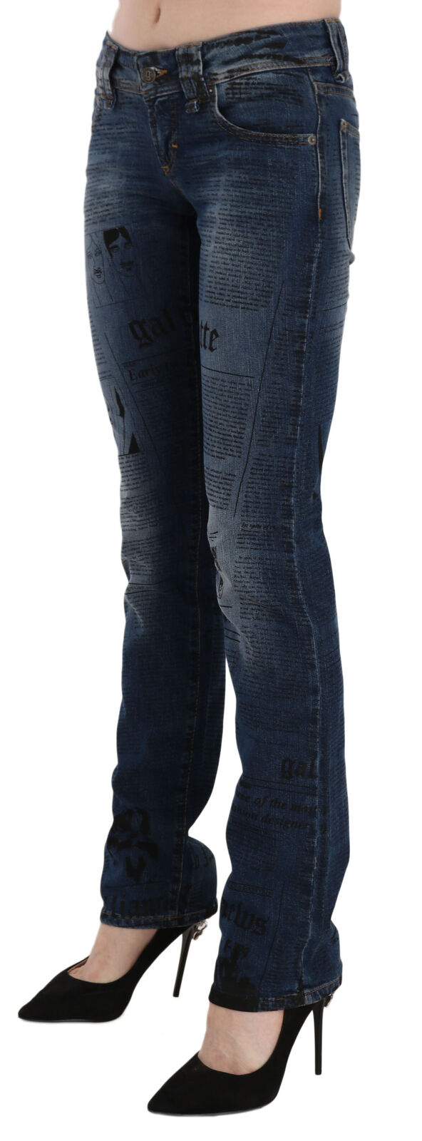 John Galliano Blue Newspaper Print Low Waist Skinny Denim Women's Pants