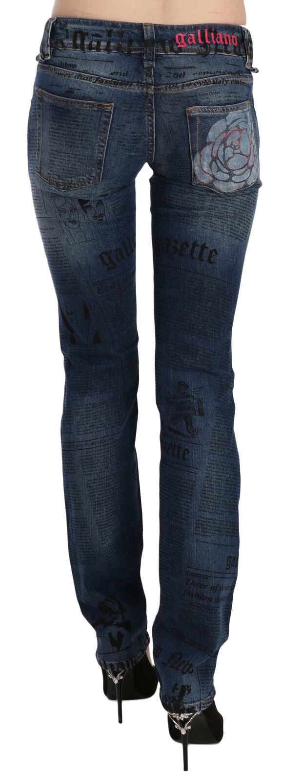 John Galliano Blue Newspaper Print Low Waist Skinny Denim Women's Pants