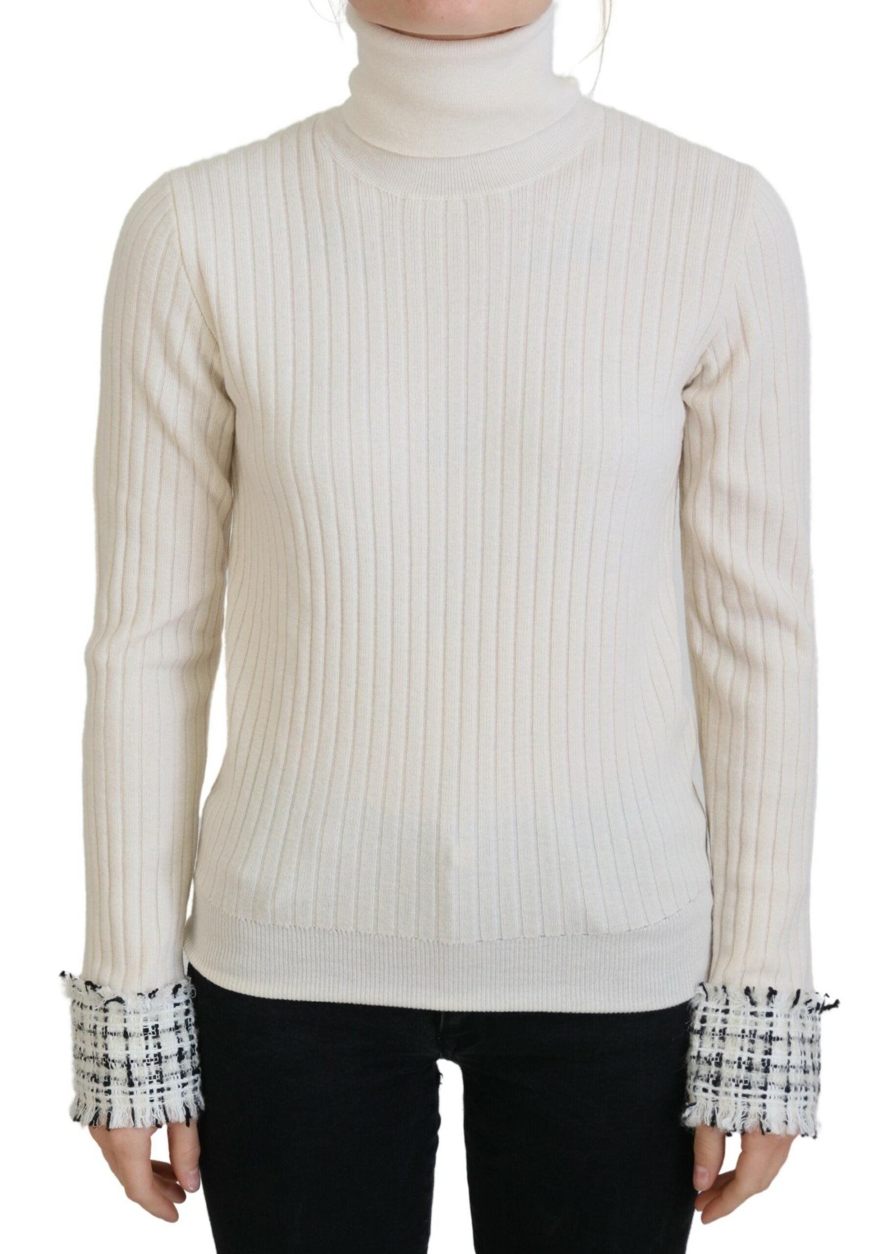 Dolce & Gabbana Ivory Turtleneck Distressed Cuff Pullover Women's Sweater
