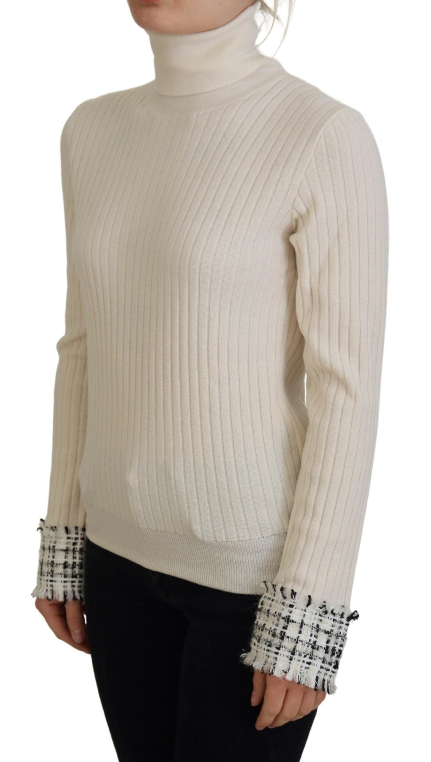 Dolce & Gabbana Ivory Turtleneck Distressed Cuff Pullover Women's Sweater