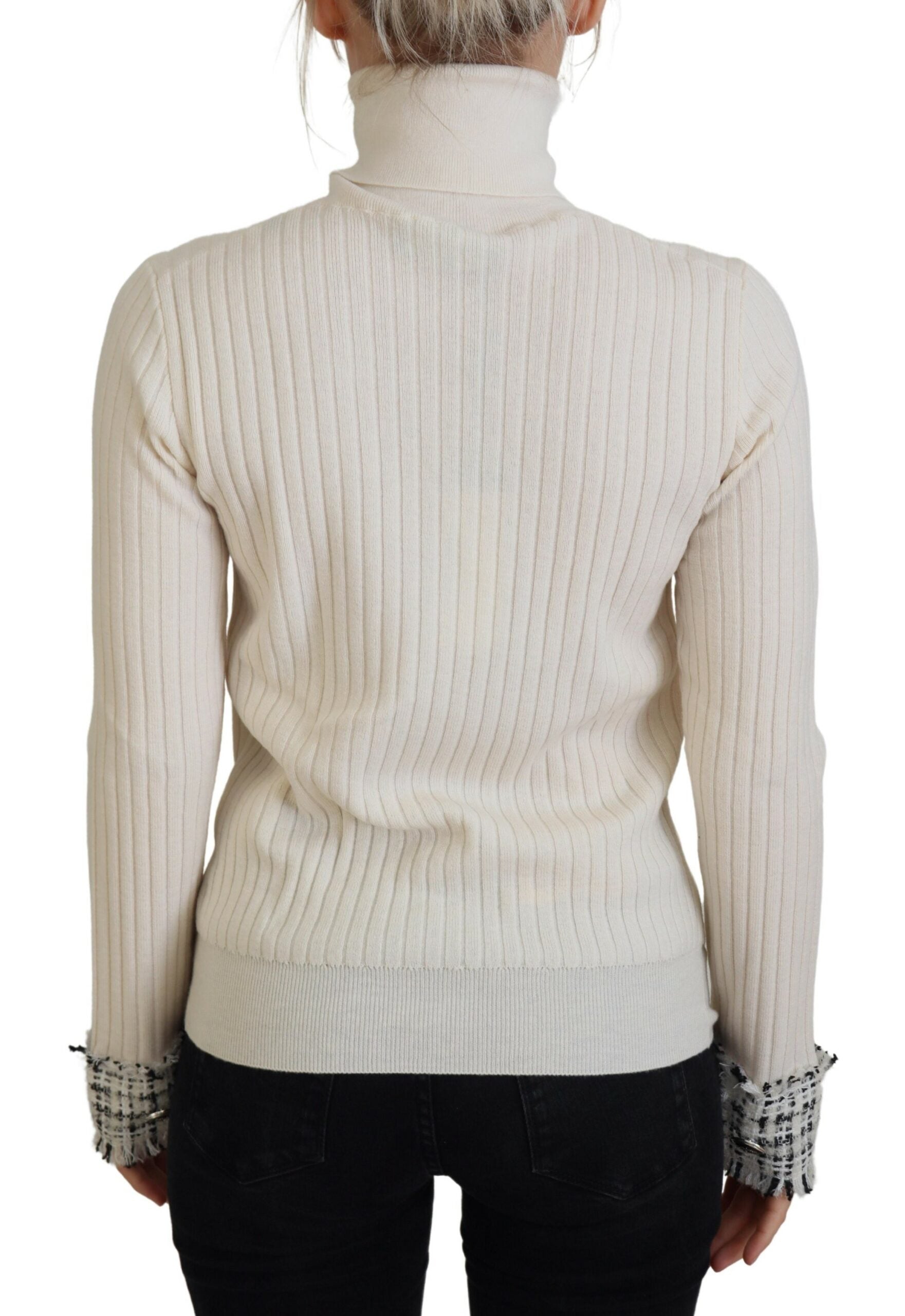 Dolce & Gabbana Ivory Turtleneck Distressed Cuff Pullover Women's Sweater