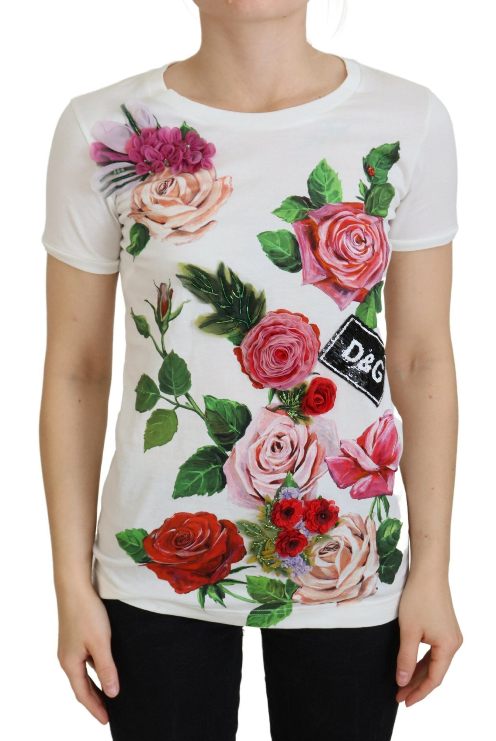 Dolce & Gabbana Elegant Multicolor Rose Print Cotton Women's Tee
