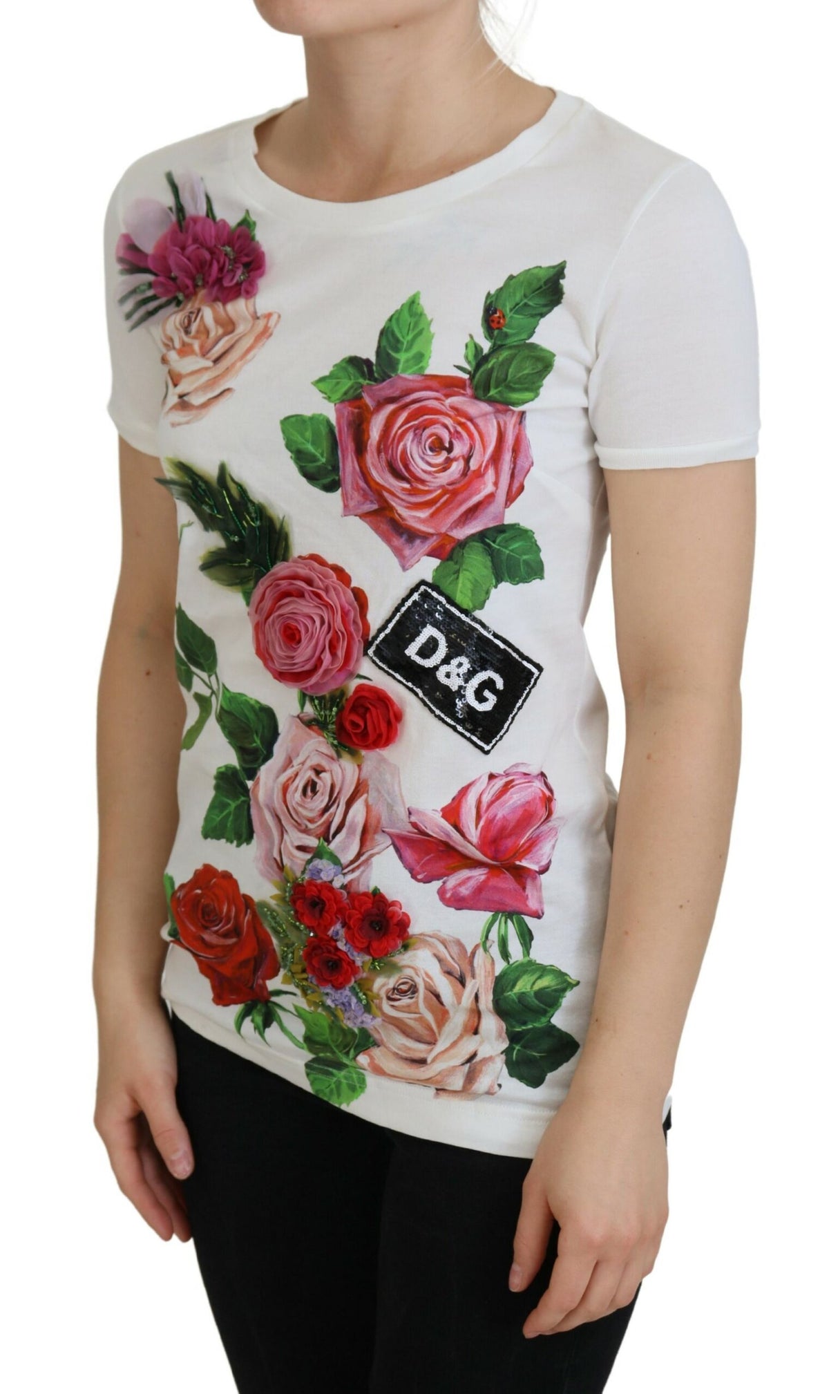 Dolce & Gabbana White Rose DGLogo Printed Short Sleeves Women's Top