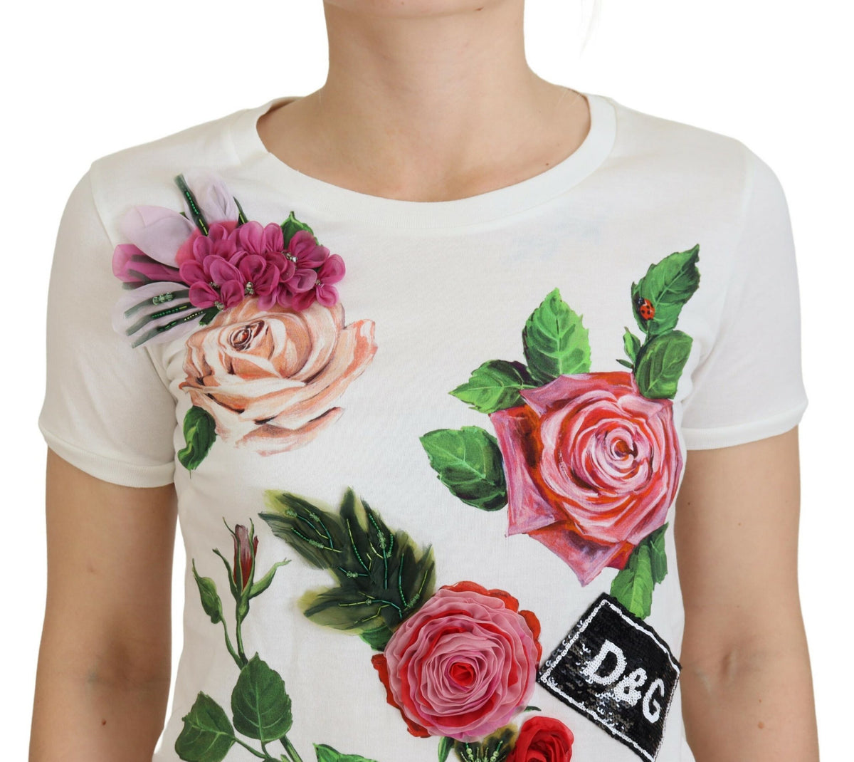 Dolce & Gabbana White Rose DGLogo Printed Short Sleeves Women's Top