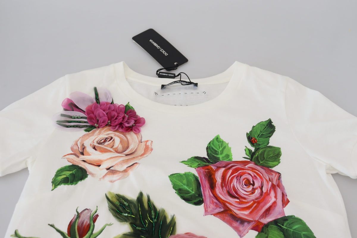 Dolce & Gabbana White Rose DGLogo Printed Short Sleeves Women's Top