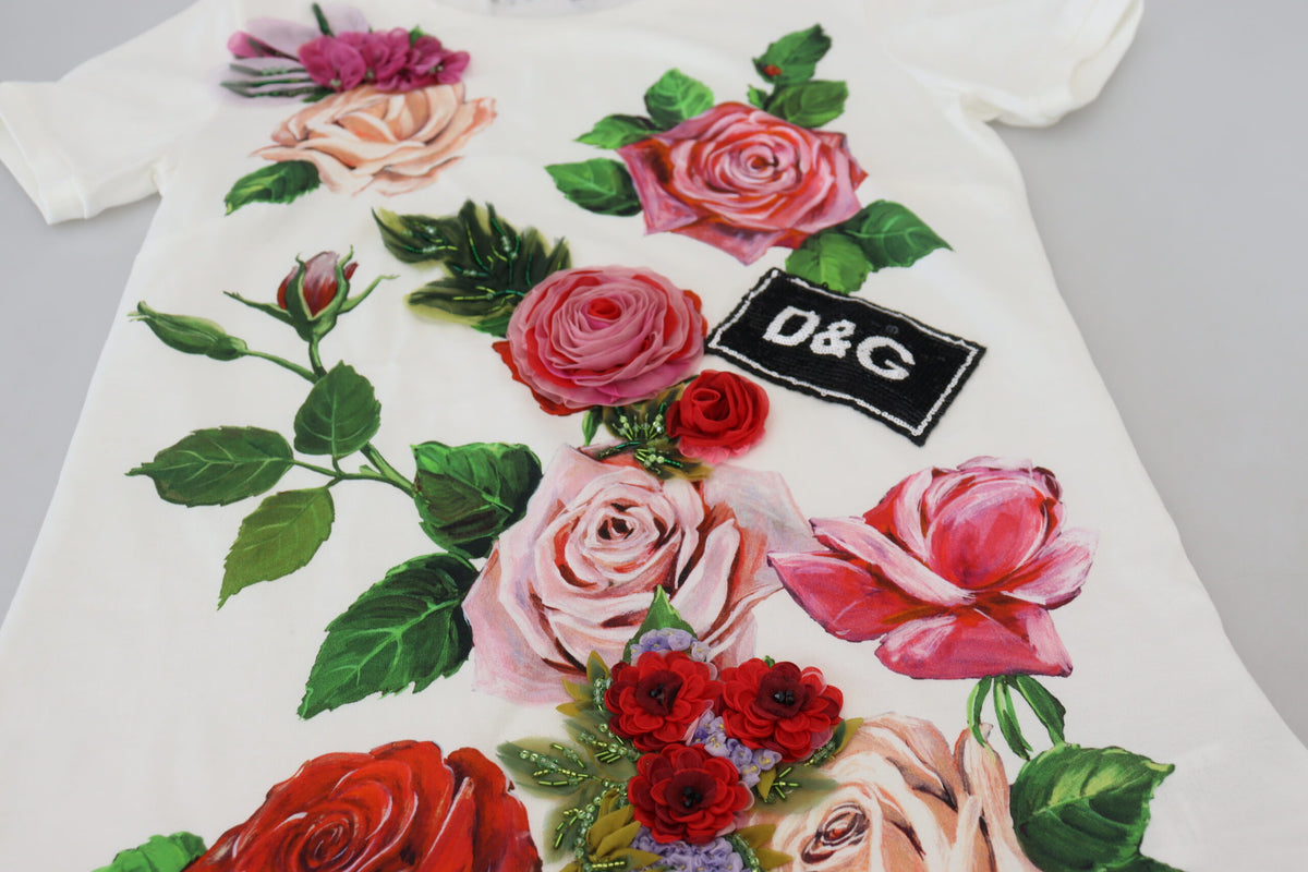 Dolce & Gabbana White Rose DGLogo Printed Short Sleeves Women's Top