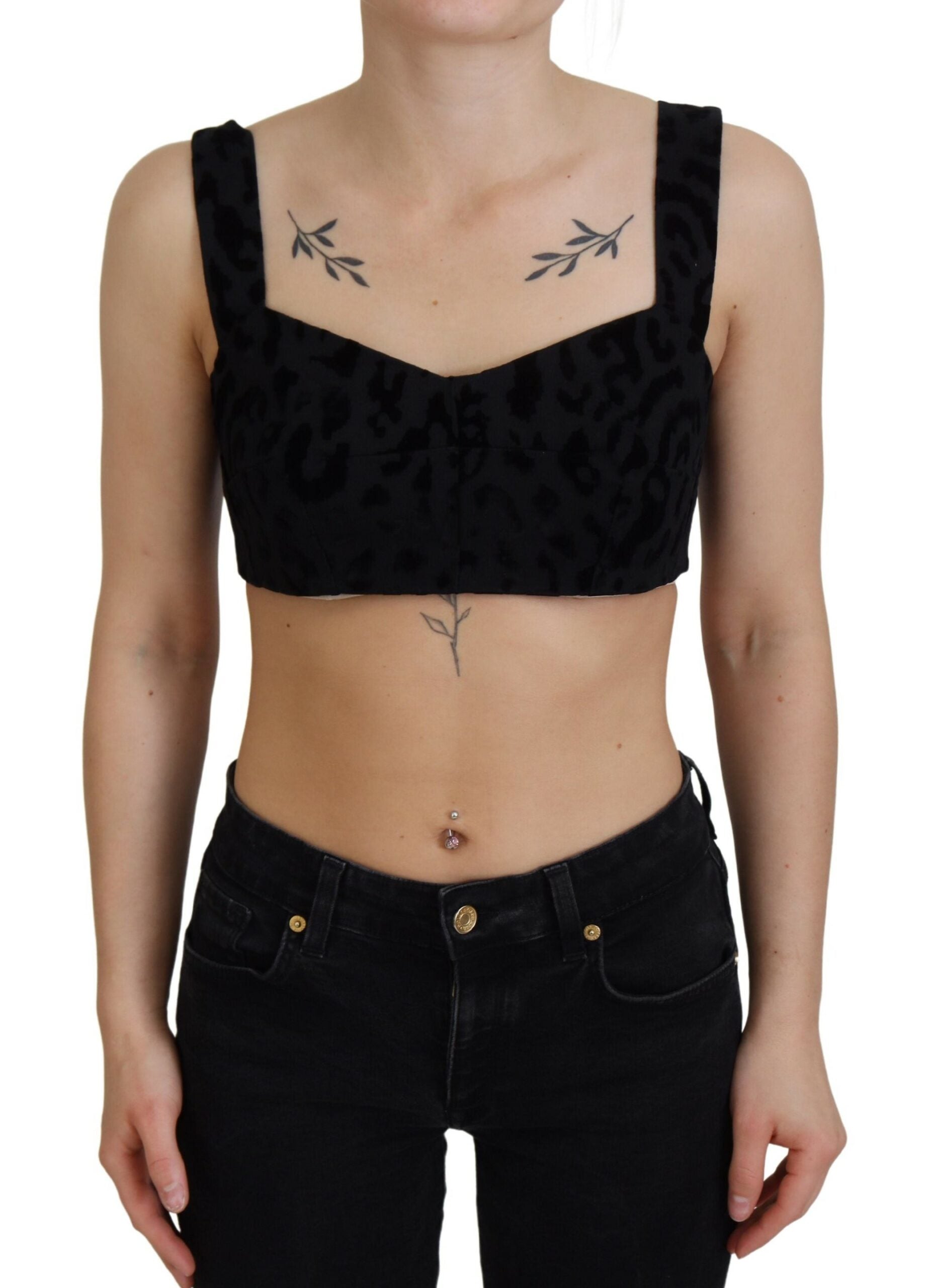 Dolce & Gabbana Black Leopard Cropped Bustier Corset Bra Women's Top