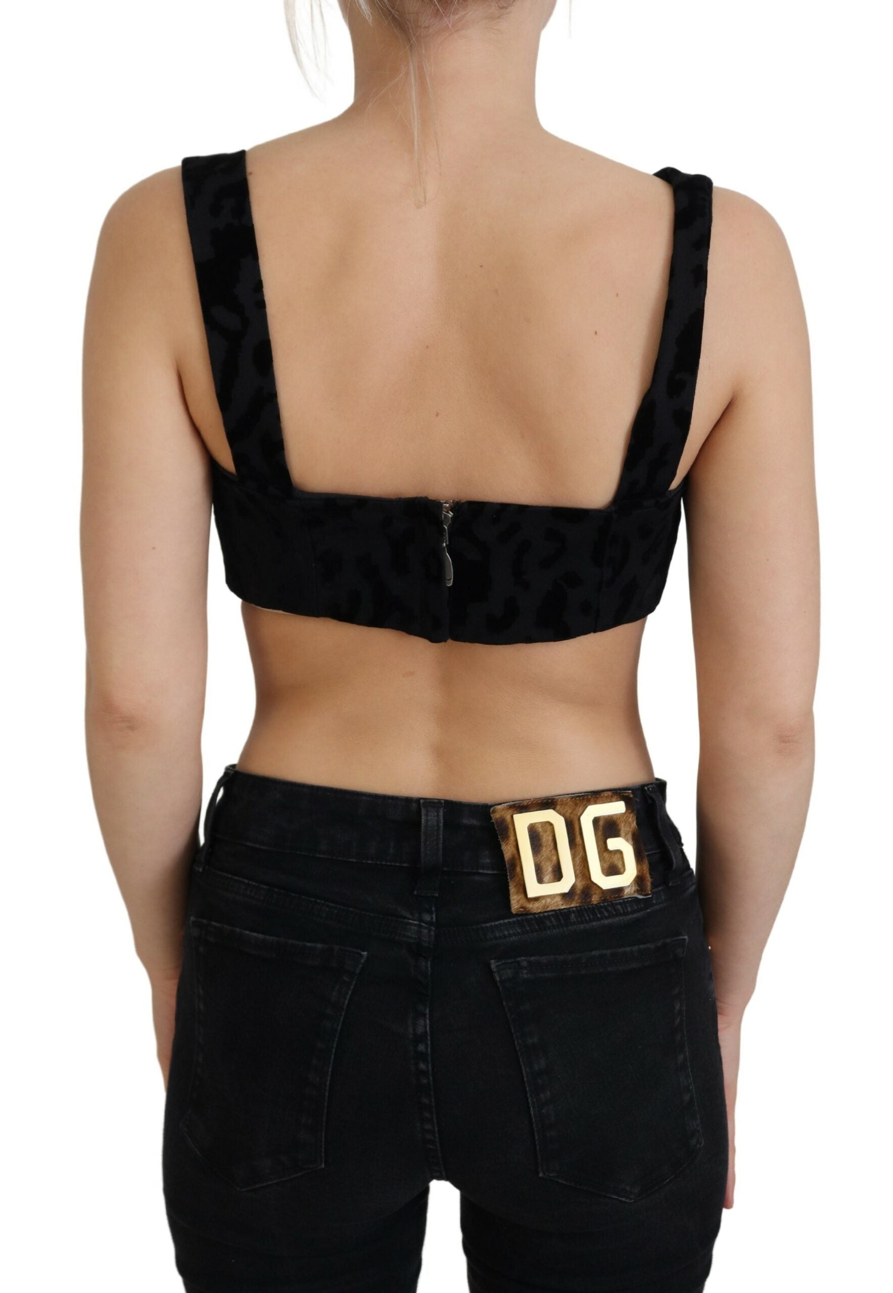 Dolce & Gabbana Black Leopard Cropped Bustier Corset Bra Women's Top