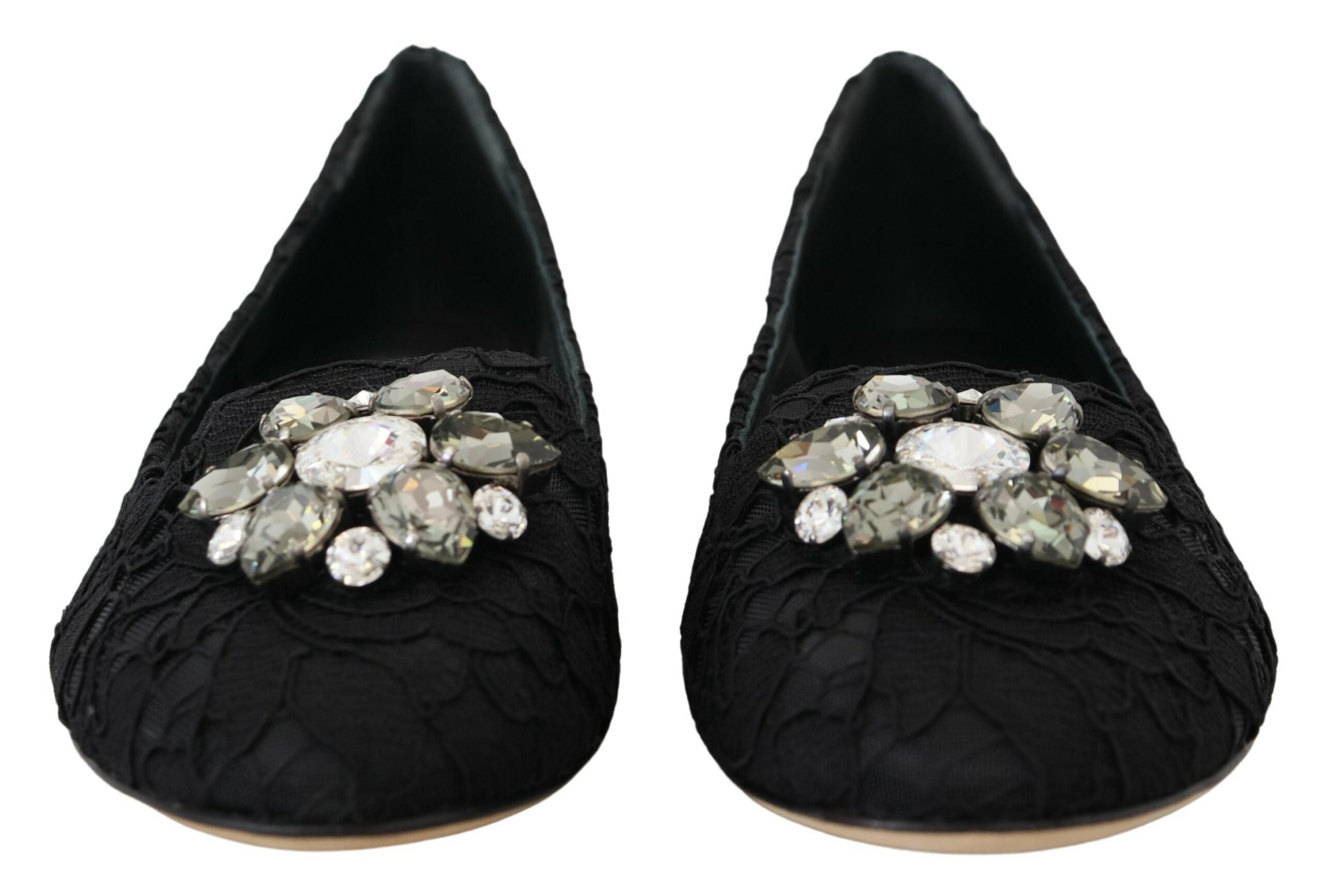 Dolce & Gabbana Black Taormina Lace Crystals Flats Women's Shoes