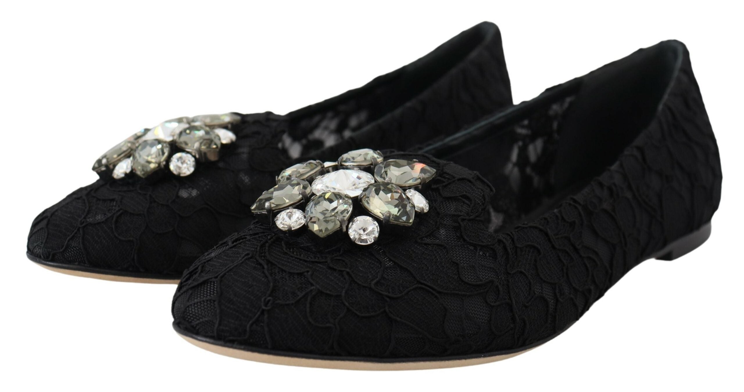 Dolce & Gabbana Black Taormina Lace Crystals Flats Women's Shoes