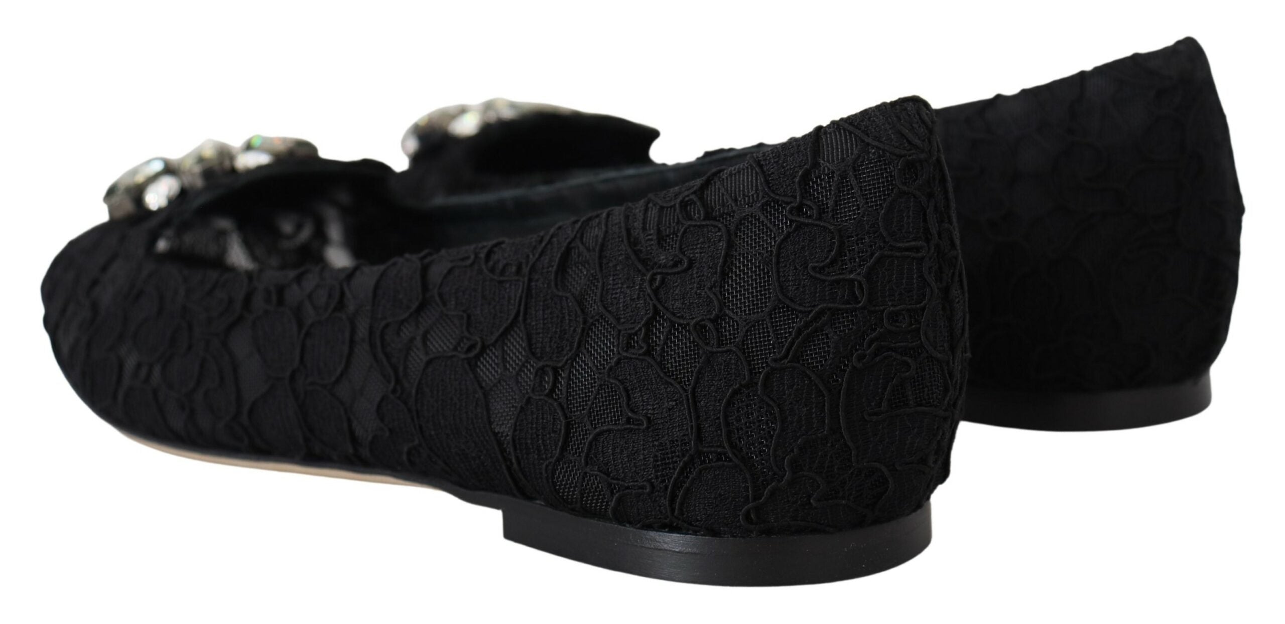 Dolce & Gabbana Black Taormina Lace Crystals Flats Women's Shoes