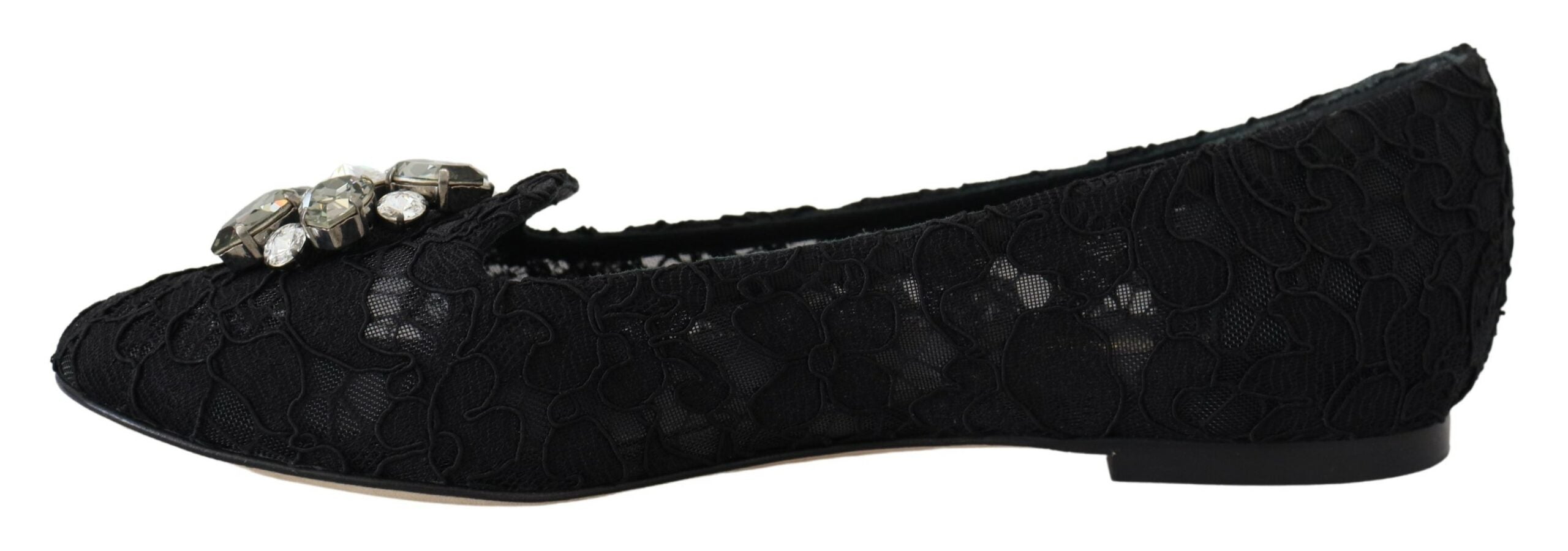 Dolce & Gabbana Black Taormina Lace Crystals Flats Women's Shoes