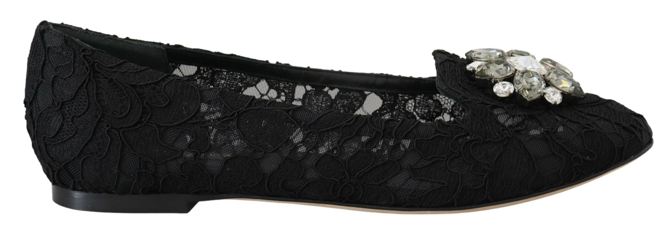 Dolce & Gabbana Black Taormina Lace Crystals Flats Women's Shoes