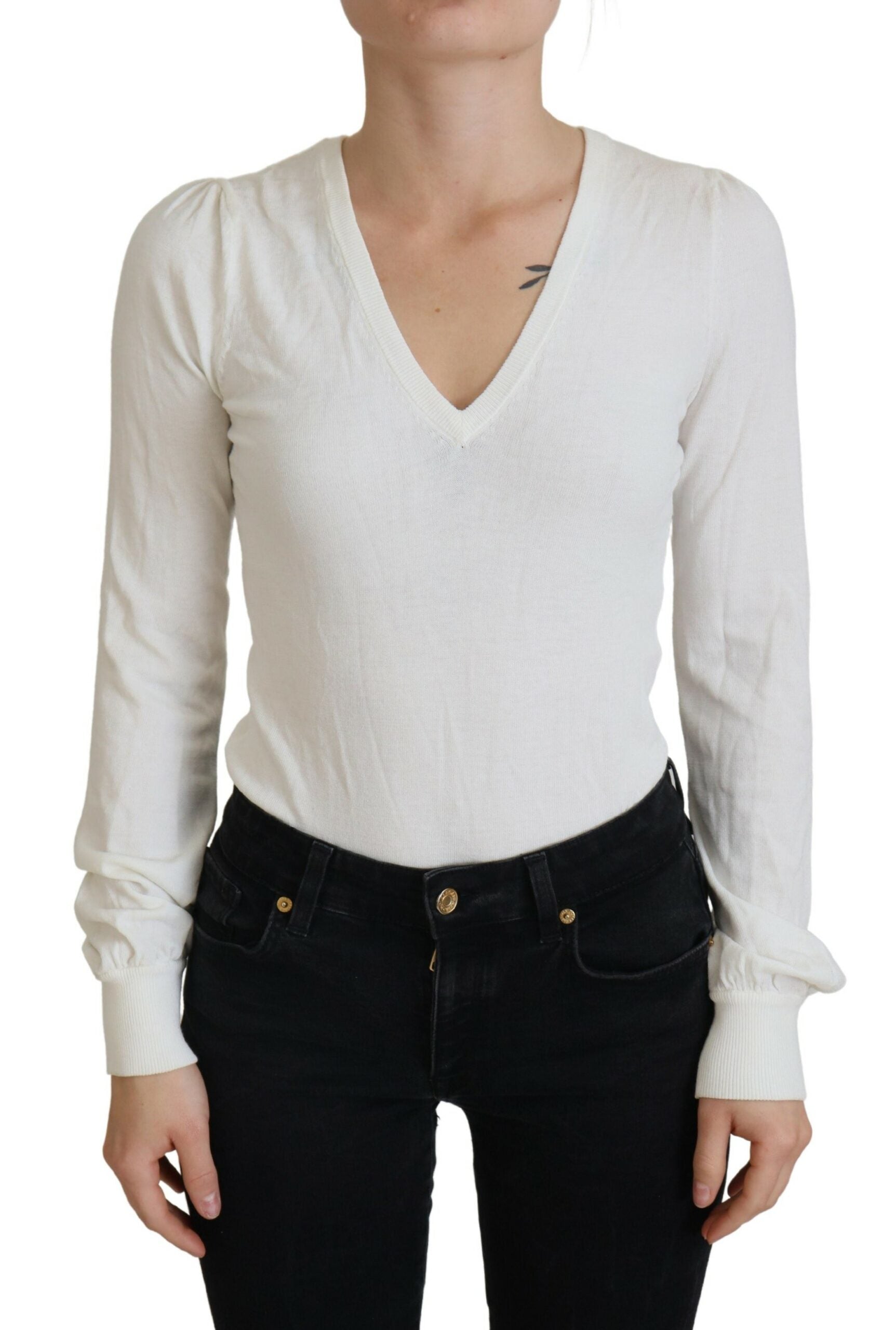 Patrizia Pepe Ivory V-Neck Long Sleeves Women Blouse Women's Top