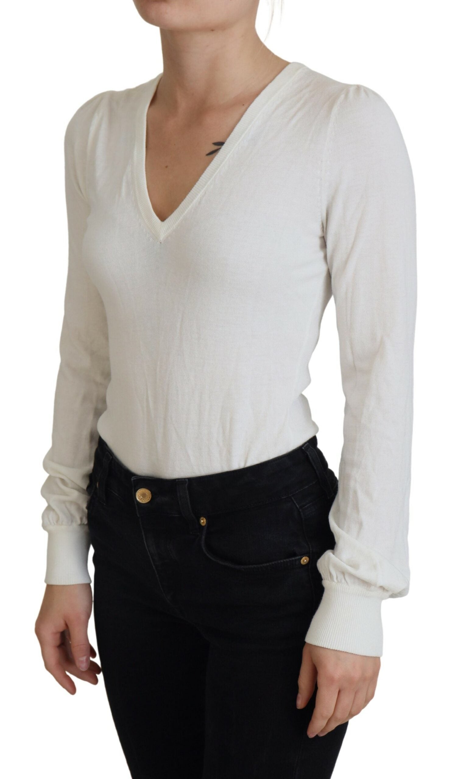 Patrizia Pepe Ivory V-Neck Long Sleeves Women Blouse Women's Top