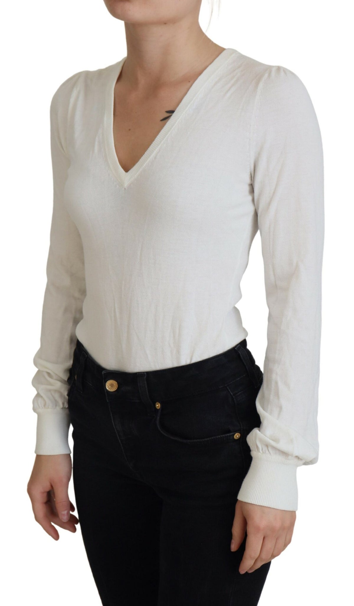 Patrizia Pepe Ivory V-Neck Long Sleeves Women Blouse Women's Top