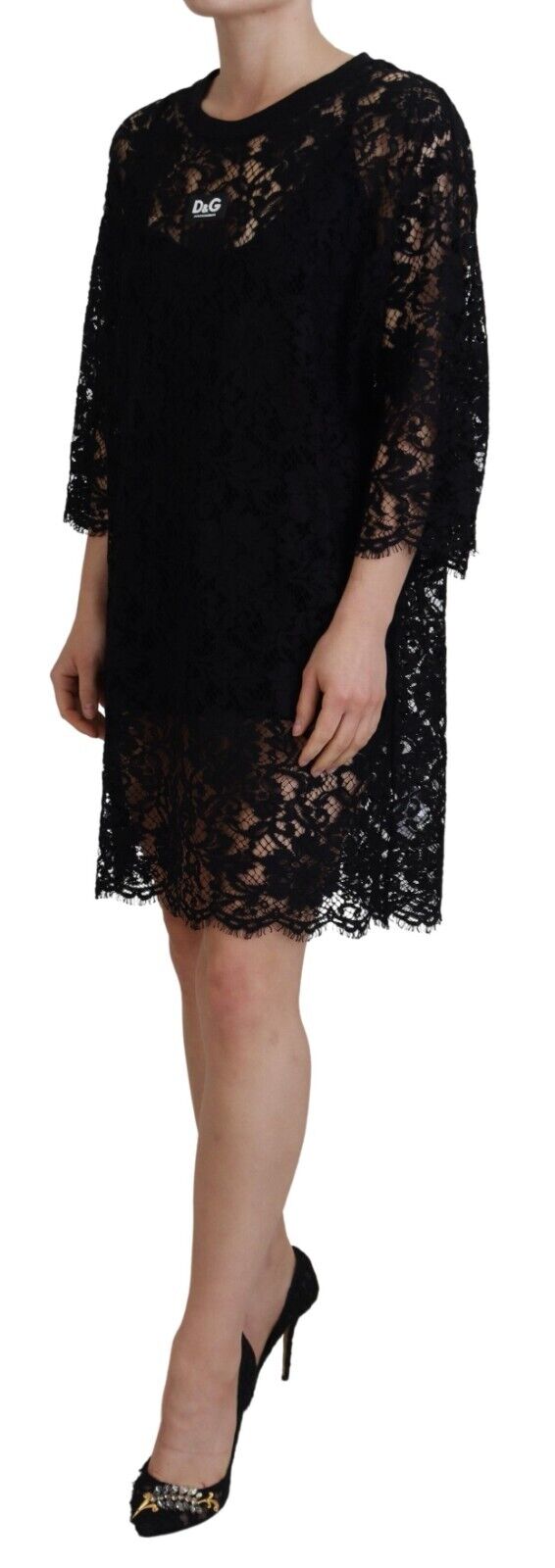 Dolce & Gabbana Black Floral Lace Cotton Shift Mini Women's Dress