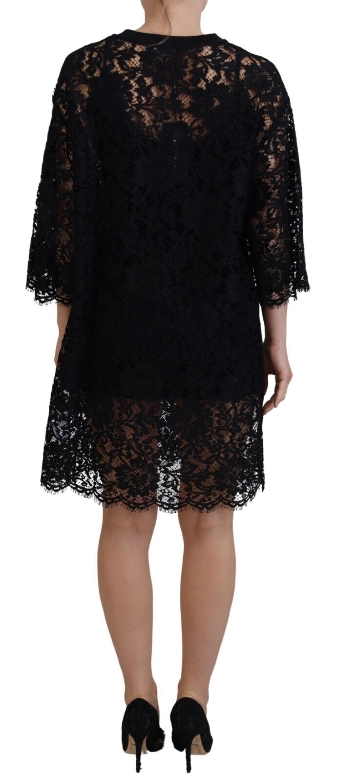 Dolce & Gabbana Black Floral Lace Cotton Shift Mini Women's Dress