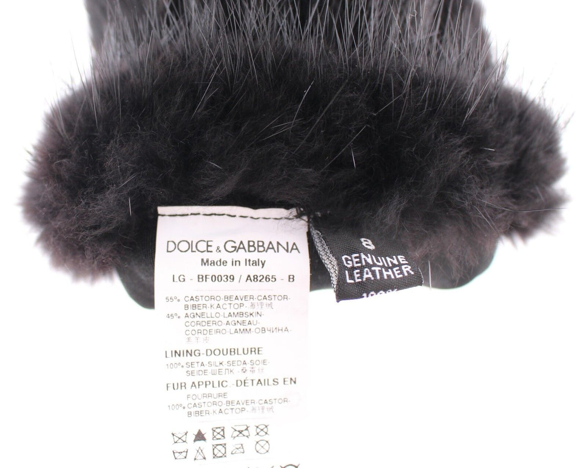 Dolce & Gabbana Black Beaver Fur Lambskin Leather Elbow Women's Gloves