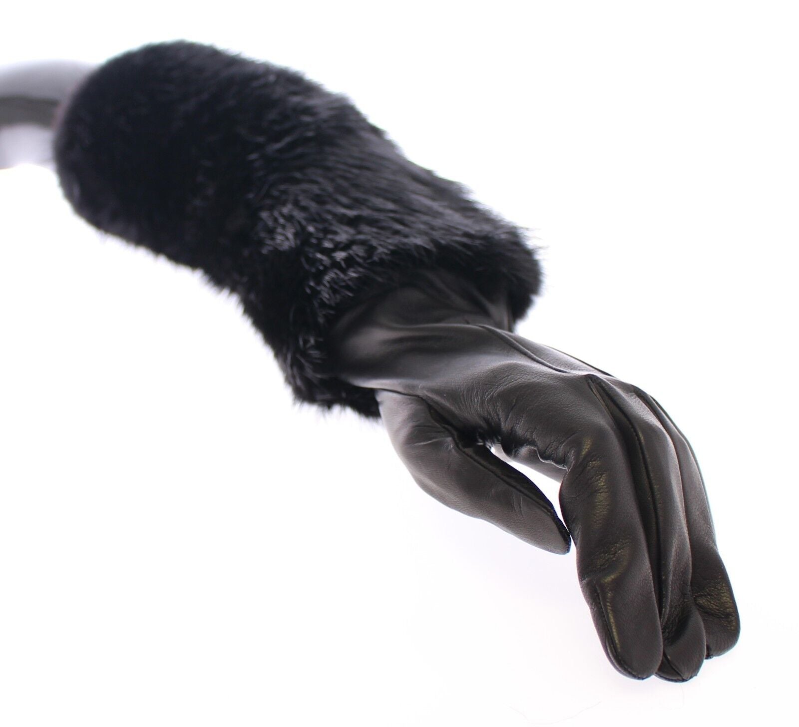 Dolce & Gabbana Black Beaver Fur Lambskin Leather Elbow Women's Gloves