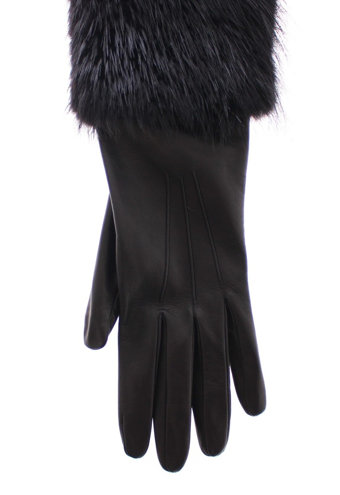 Dolce & Gabbana Black Beaver Fur Lambskin Leather Elbow Women's Gloves
