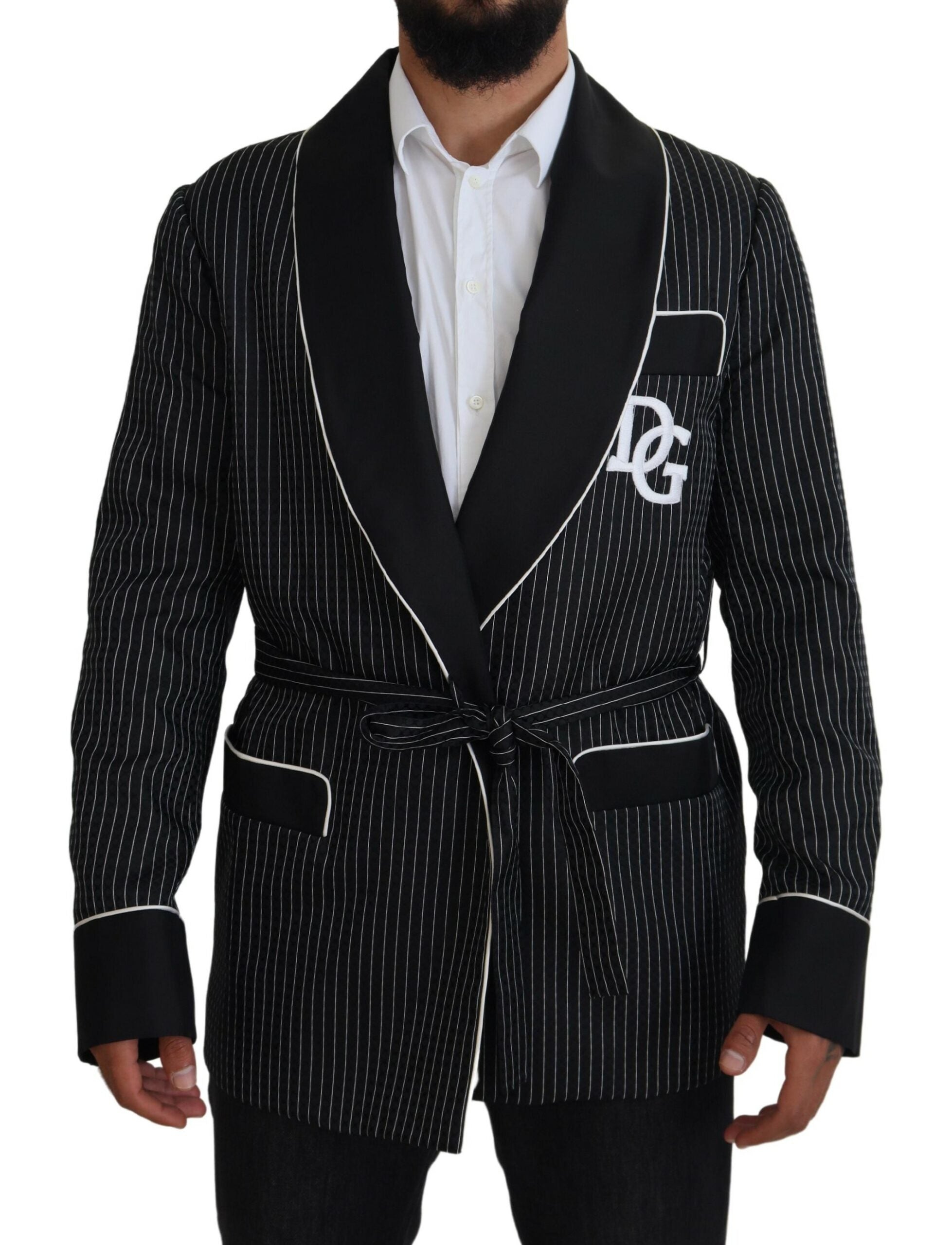 Dolce & Gabbana Dark Gray Robe Striped DG Patch Jacket Men Men's Blazer