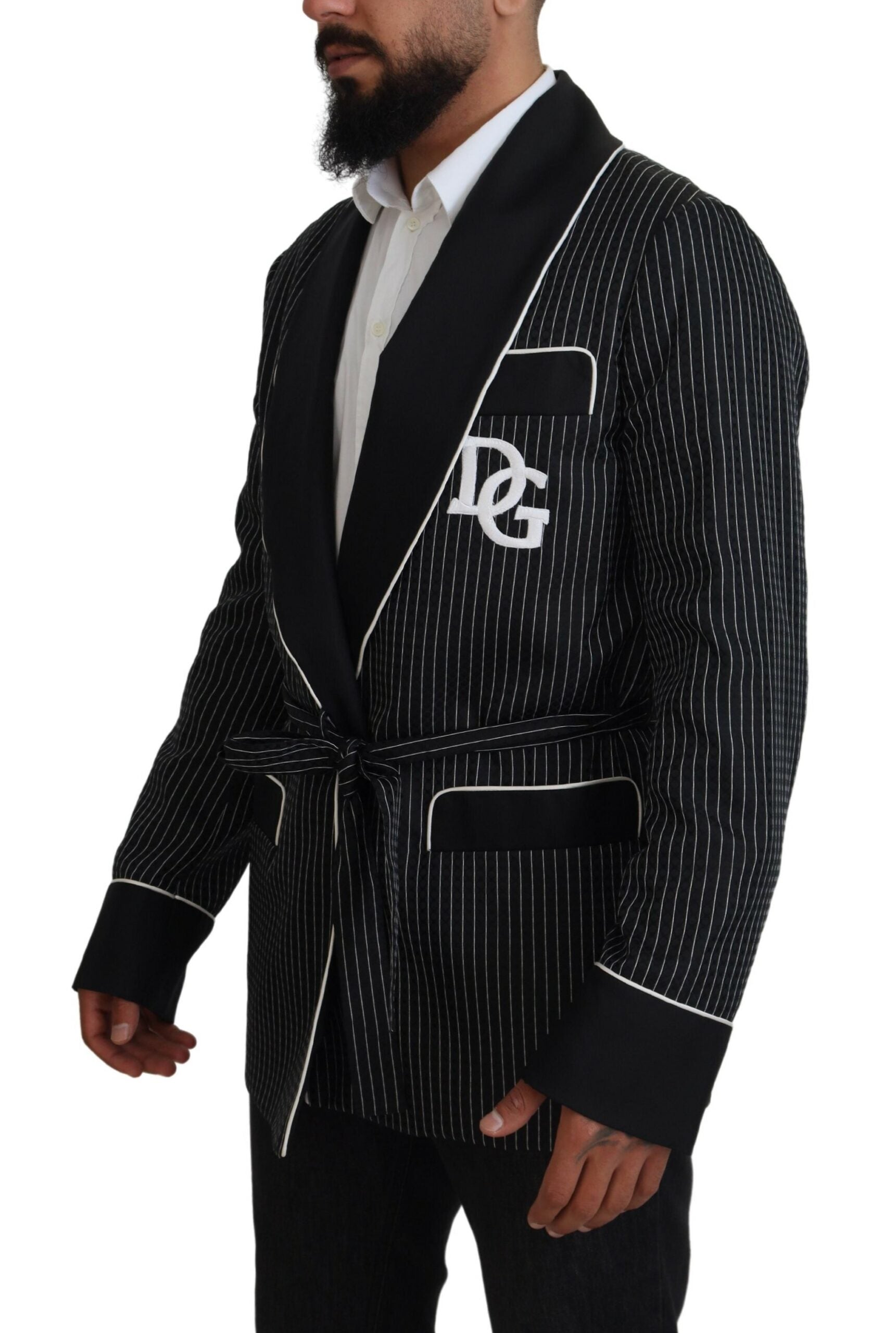 Dolce & Gabbana Dark Gray Robe Striped DG Patch Jacket Men Men's Blazer
