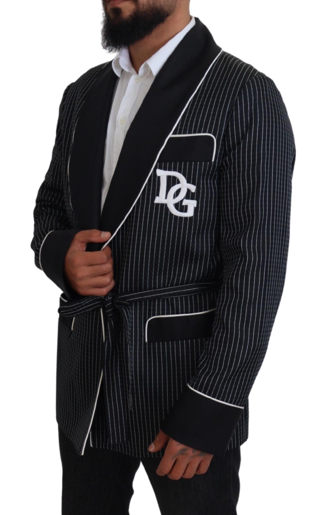 Dolce & Gabbana Dark Gray Robe Striped DG Patch Jacket Men Men's Blazer