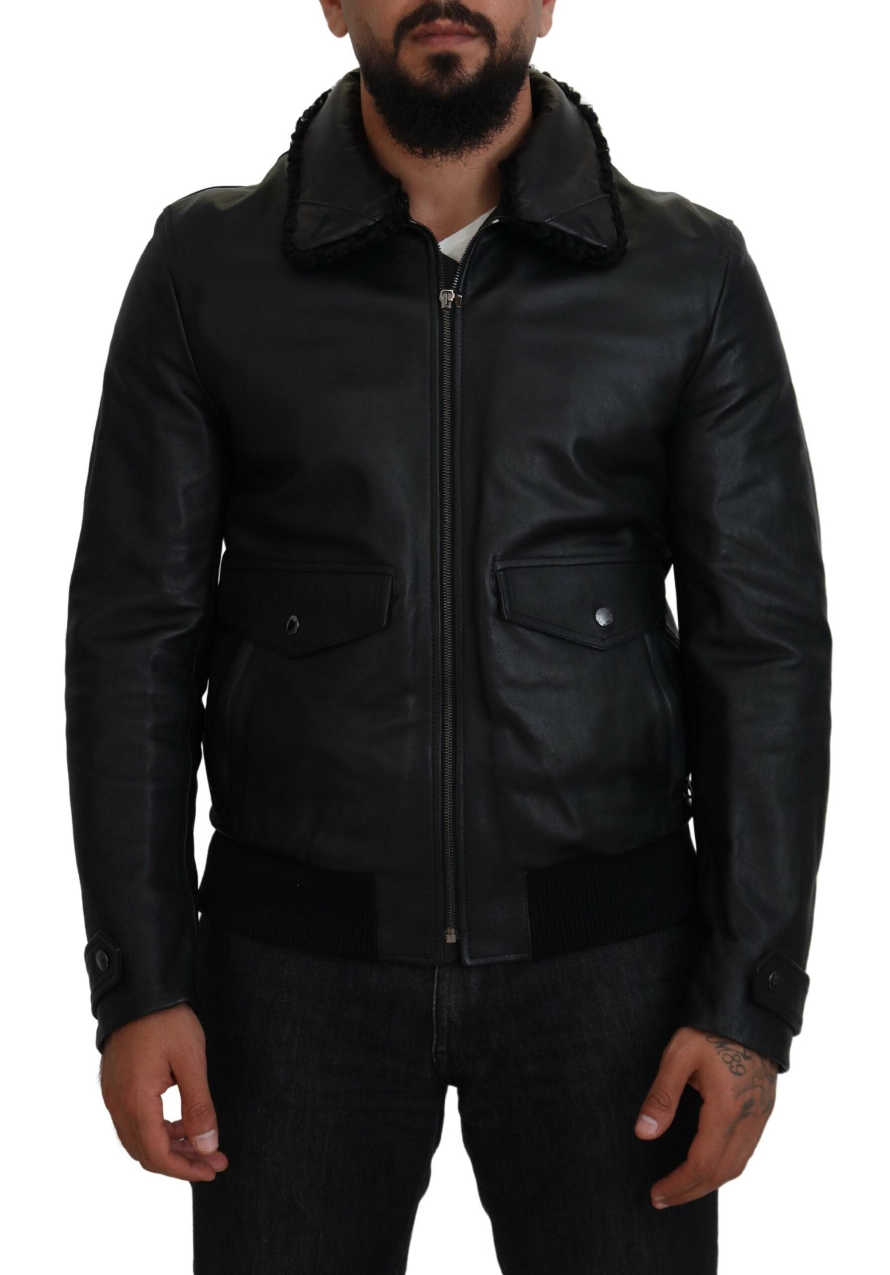 Dolce & Gabbana Black Lamb Leather Collared Men Coat Men's Jacket