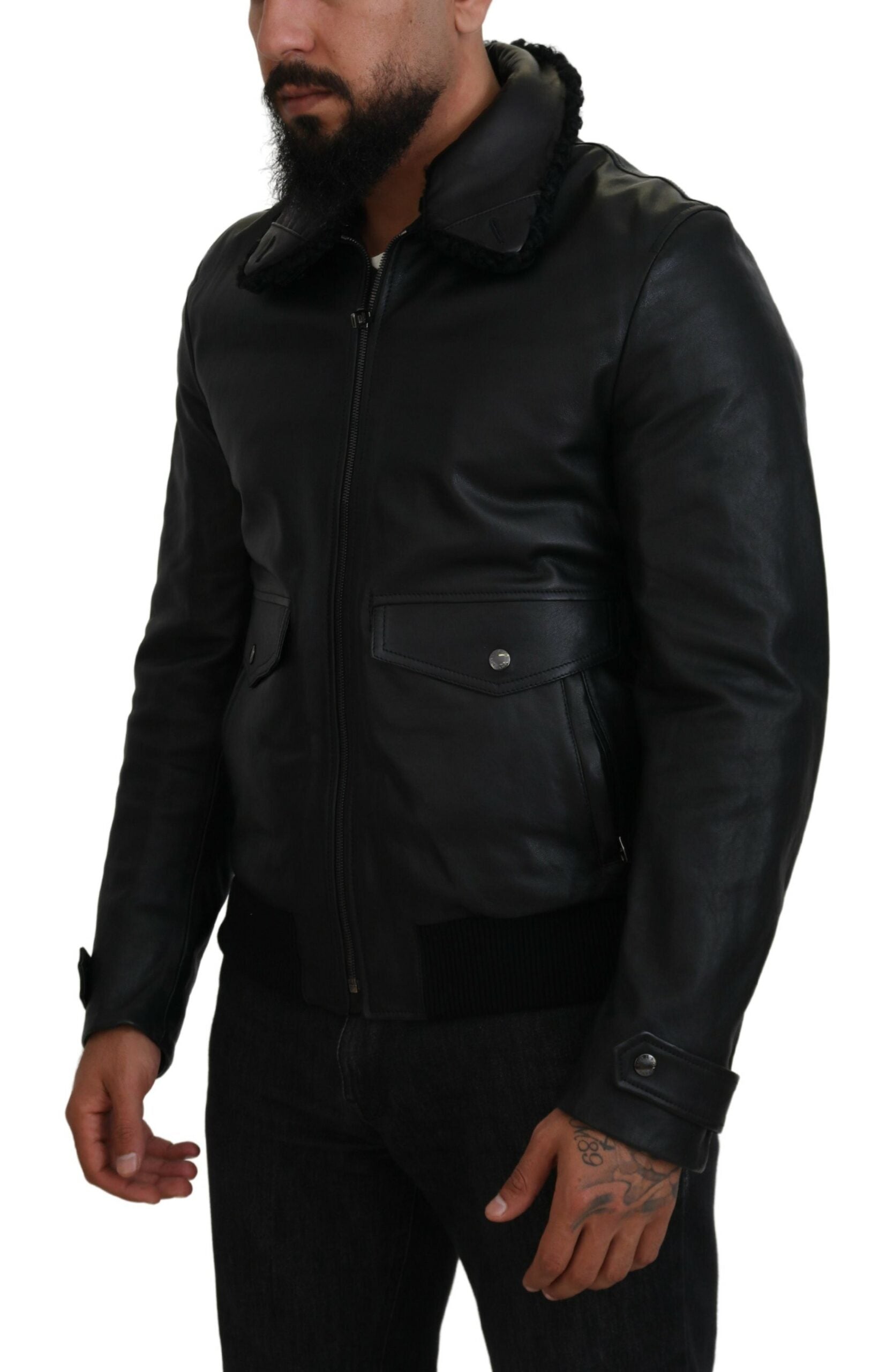 Dolce & Gabbana Black Lamb Leather Collared Men Coat Men's Jacket