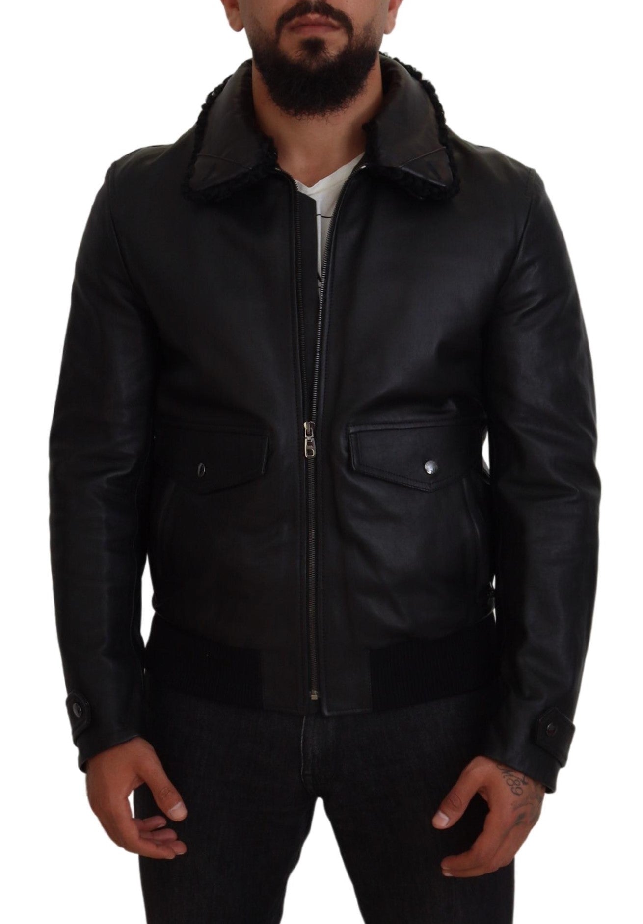 Dolce & Gabbana Black Lamb Leather Collared Men Coat Men's Jacket