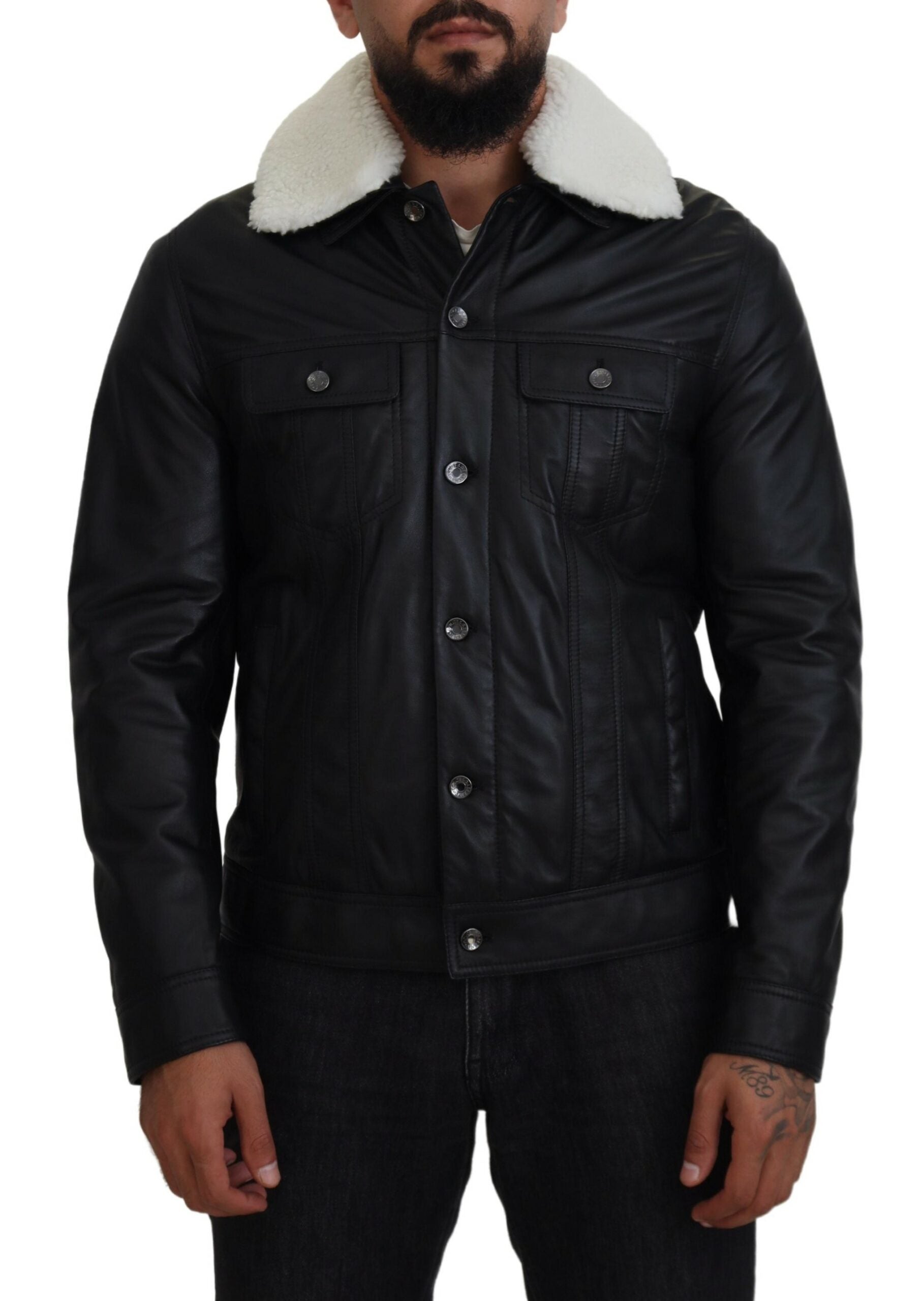 Dolce & Gabbana Black Lamb Leather Collared Men Coat Men's Jacket