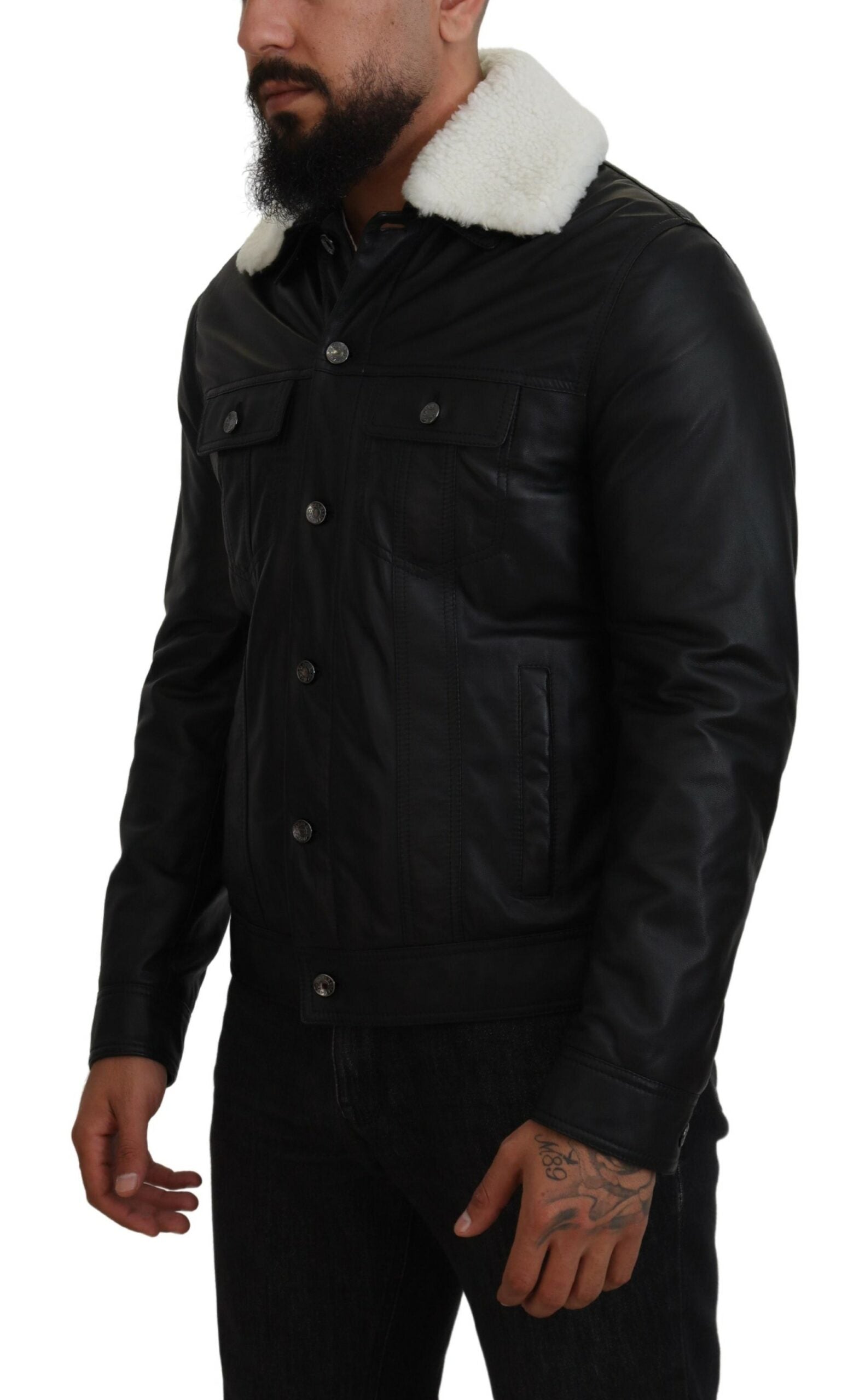Dolce & Gabbana Black Lamb Leather Collared Men Coat Men's Jacket