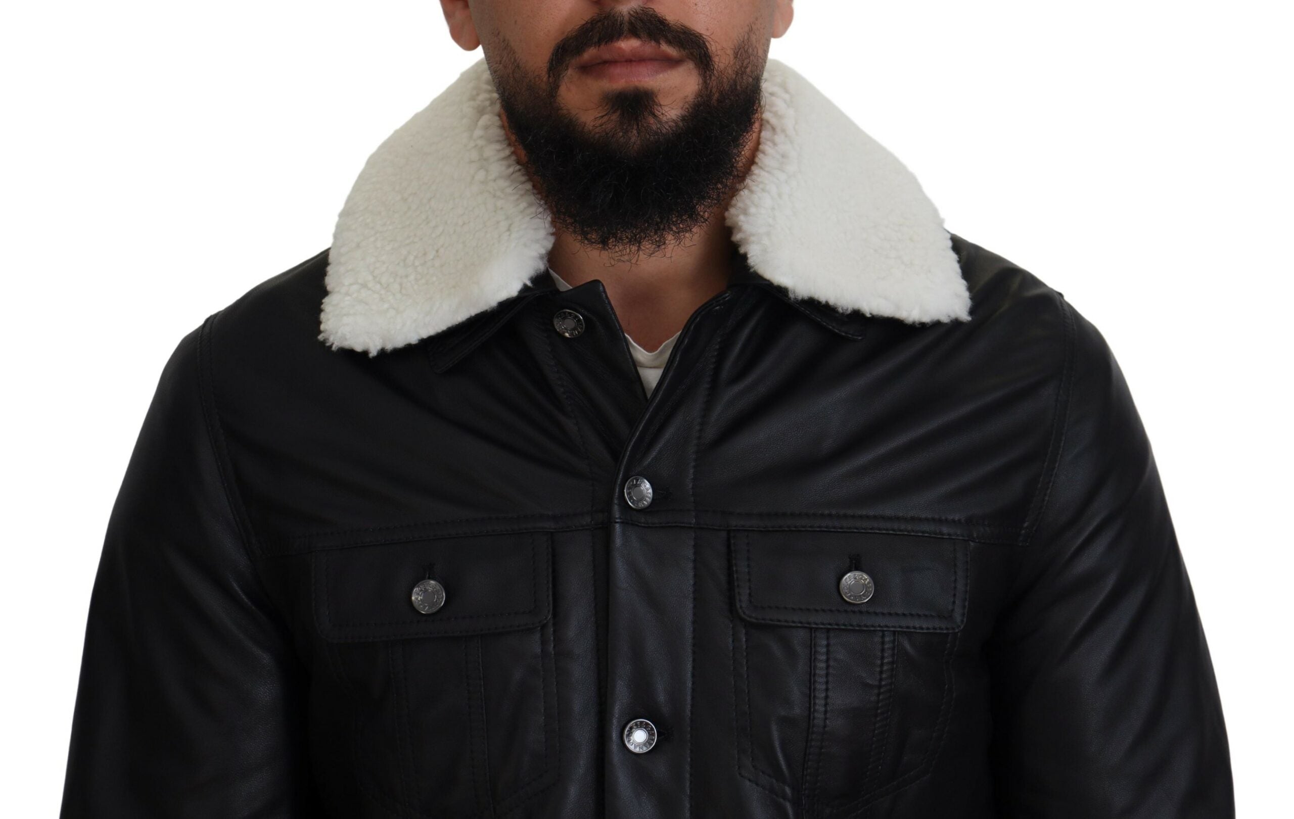 Dolce & Gabbana Black Lamb Leather Collared Men Coat Men's Jacket