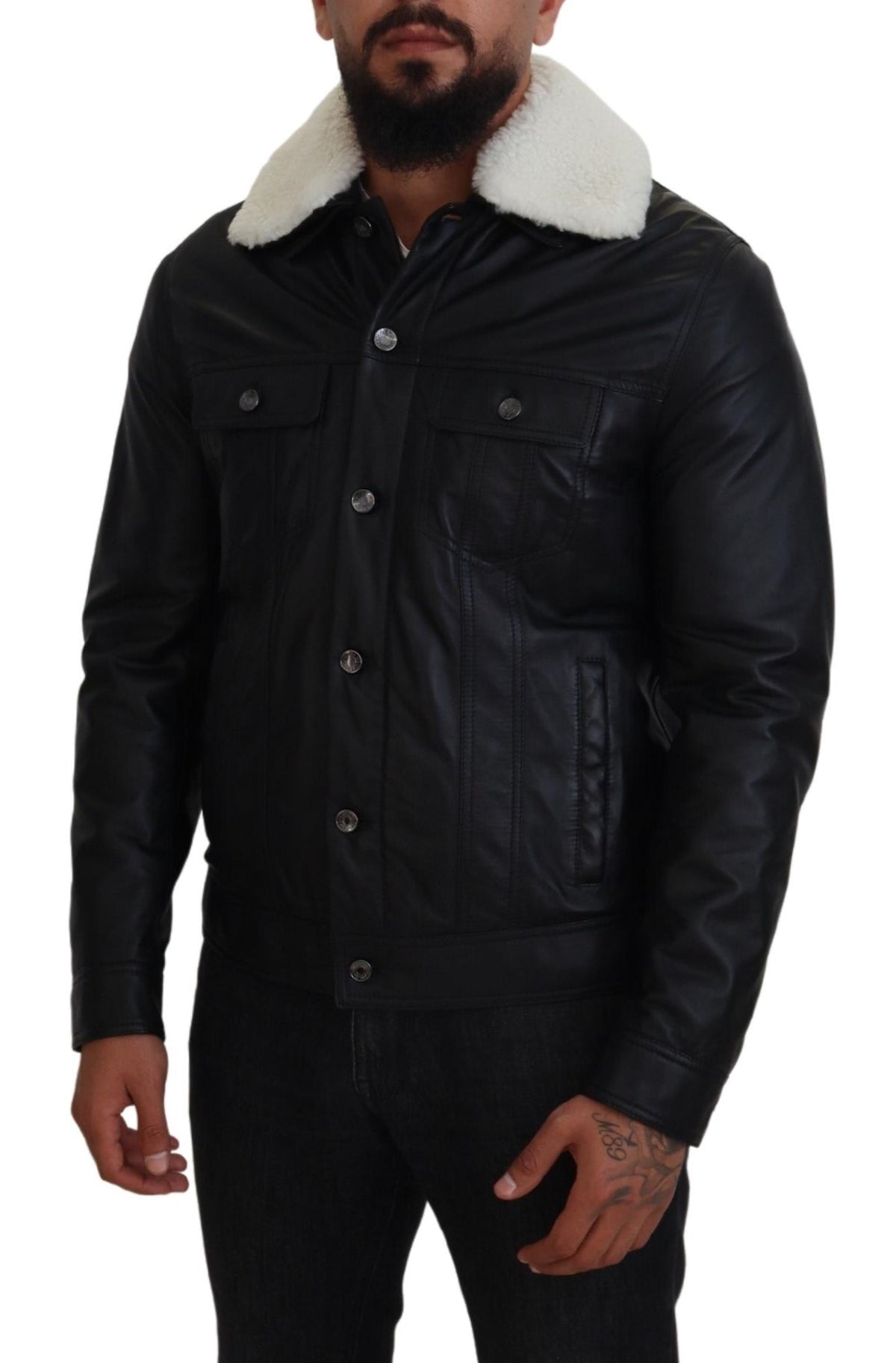 Dolce & Gabbana Black Lamb Leather Collared Men Coat Men's Jacket