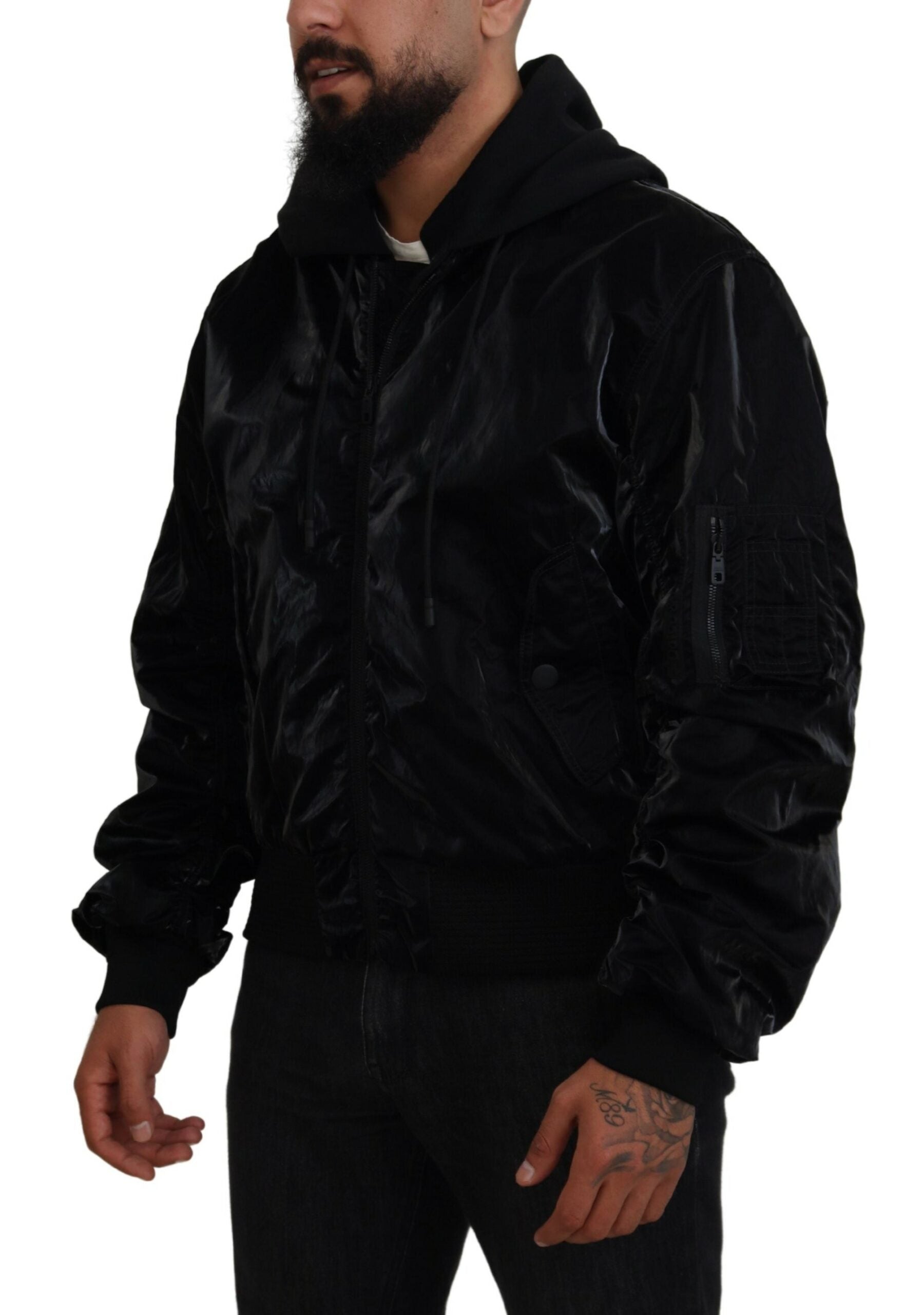 Dolce & Gabbana Black Nylon Hooded Full Zip Bomber Men's Jacket