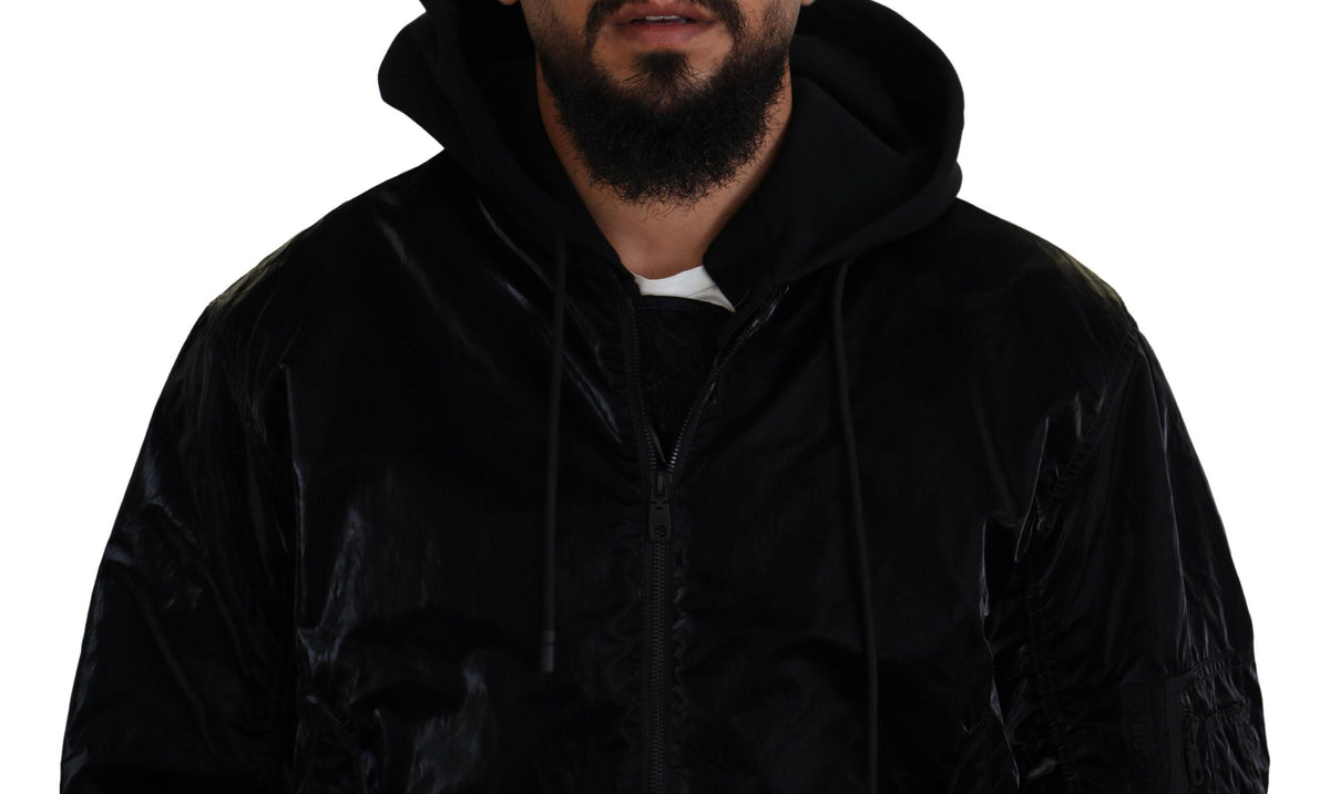Dolce & Gabbana Black Nylon Hooded Full Zip Bomber Men's Jacket